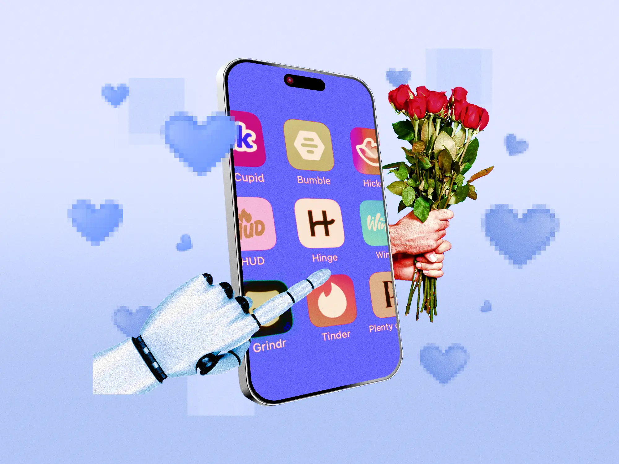 Phone with dating apps on screen (Tinder, Hinge, Bumble, and Grindr), a robot hand, and a hand holding a bouquet of flowers.