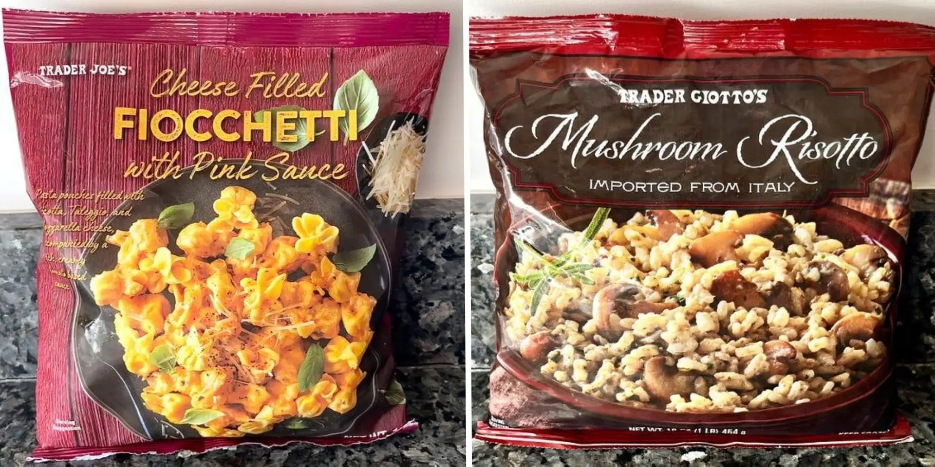 A composite image of a bag of Trader Joe's cheese-filled fiocchetti with pink sauce, and a bag of Trader Joe's mushroom risotto.