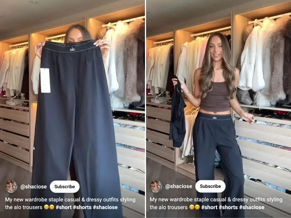 Alo Suit Up Trousers on a YouTuber.