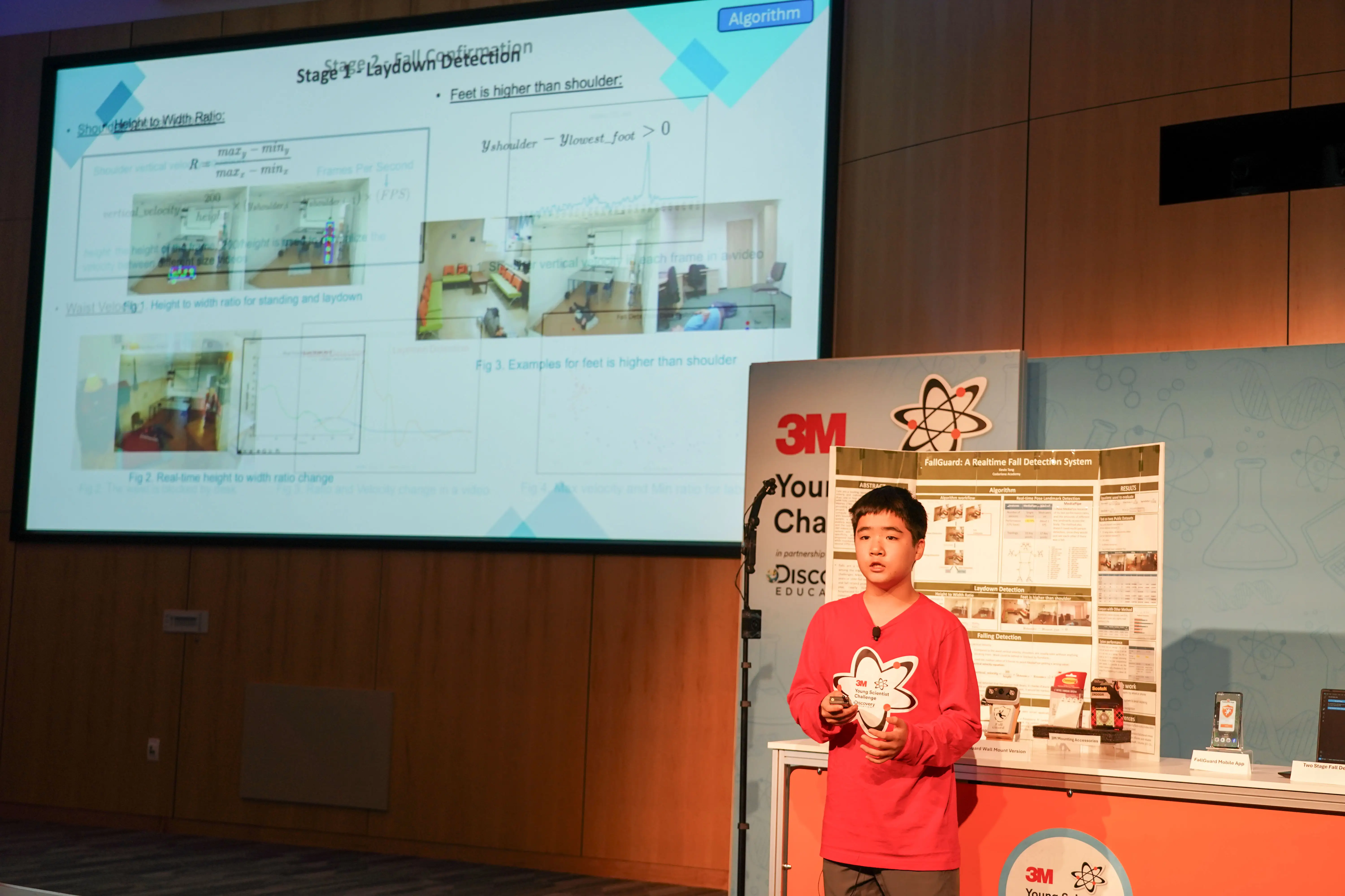 Kevin Tang on stage describing how FallGuard works.
