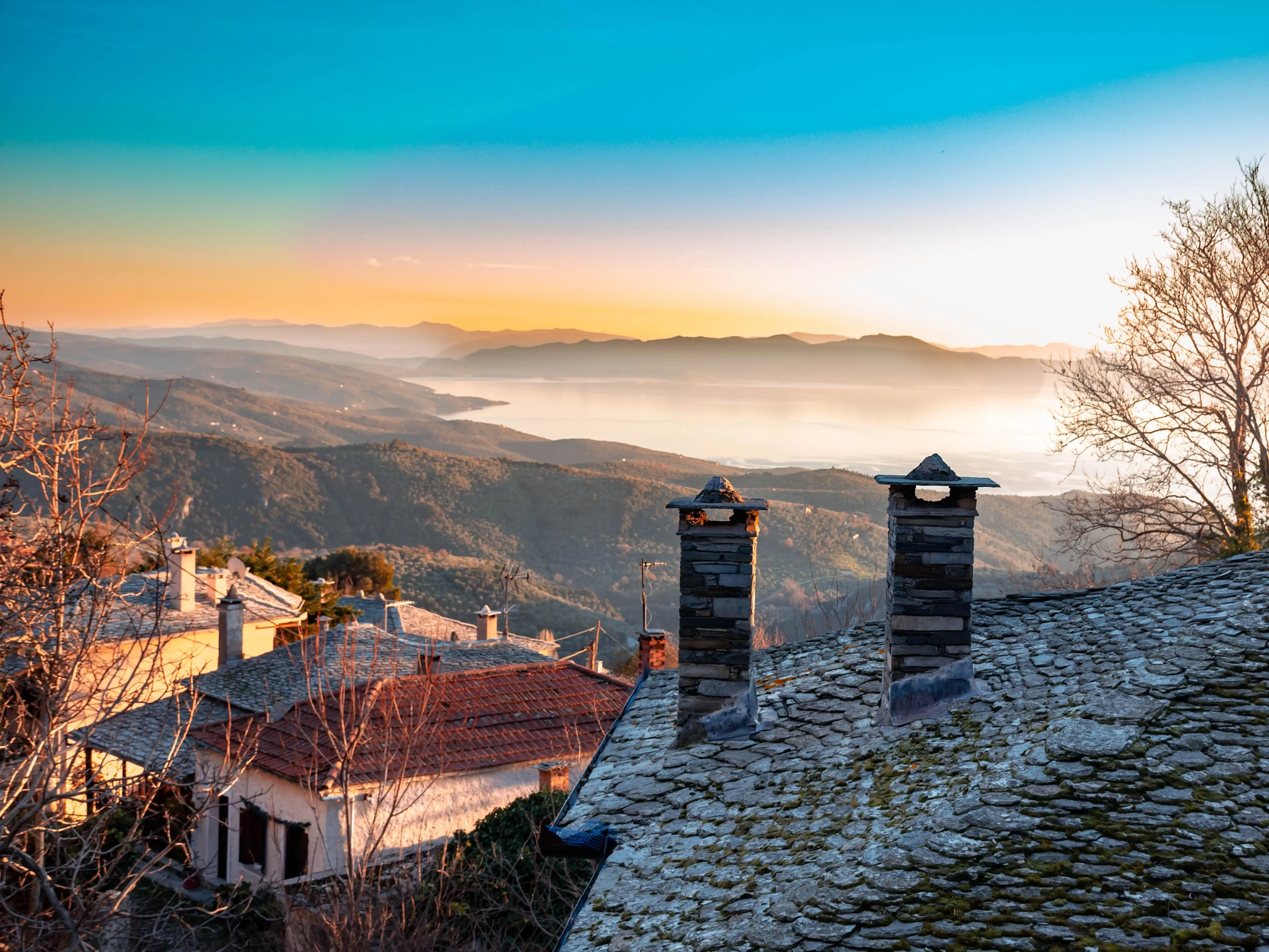 A wide shot overlooking the village of Milies in Greece.