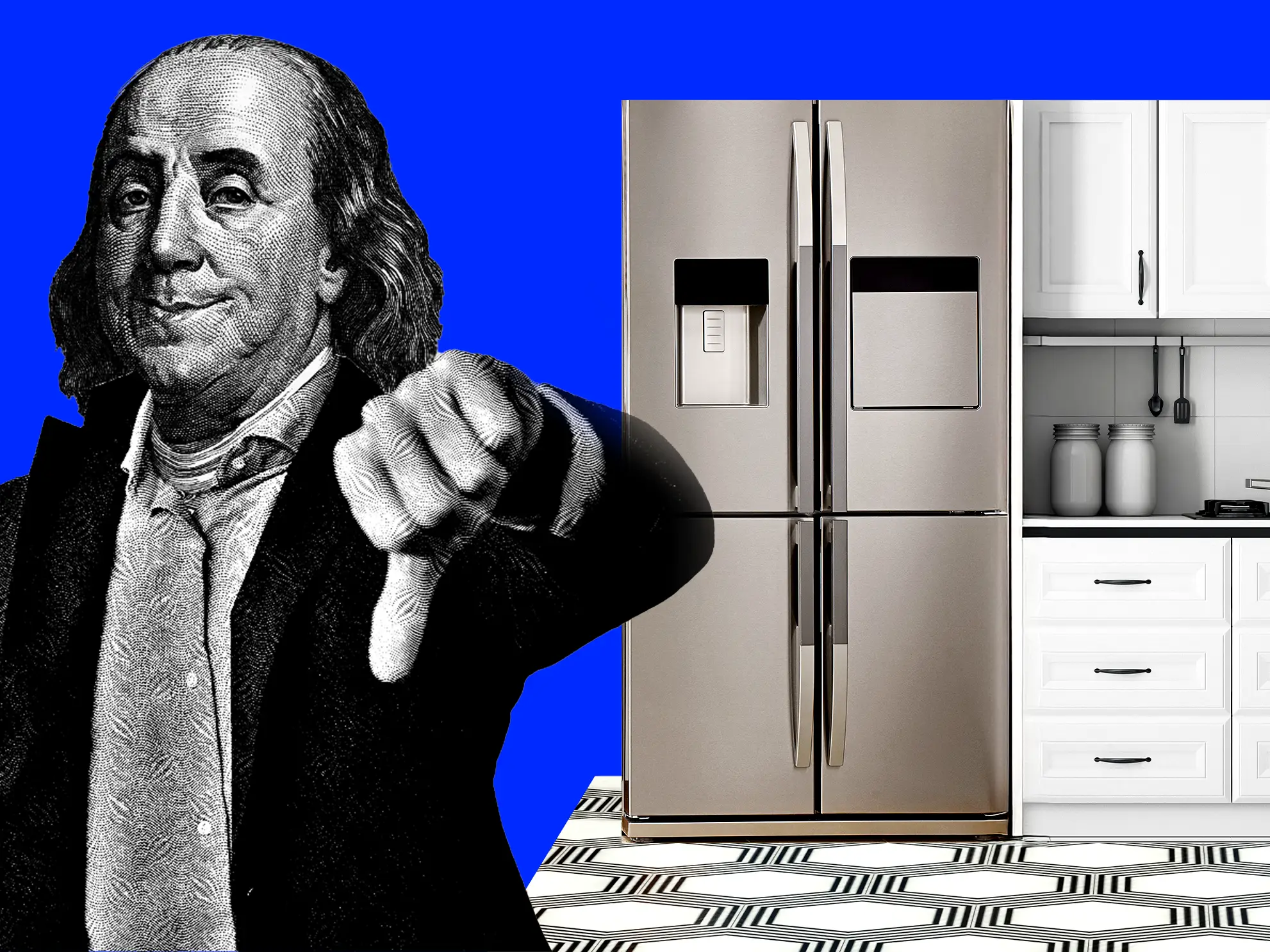 A photo illustration of Benjamin Franklin doing a thumbs-down next to a modern kitchen.