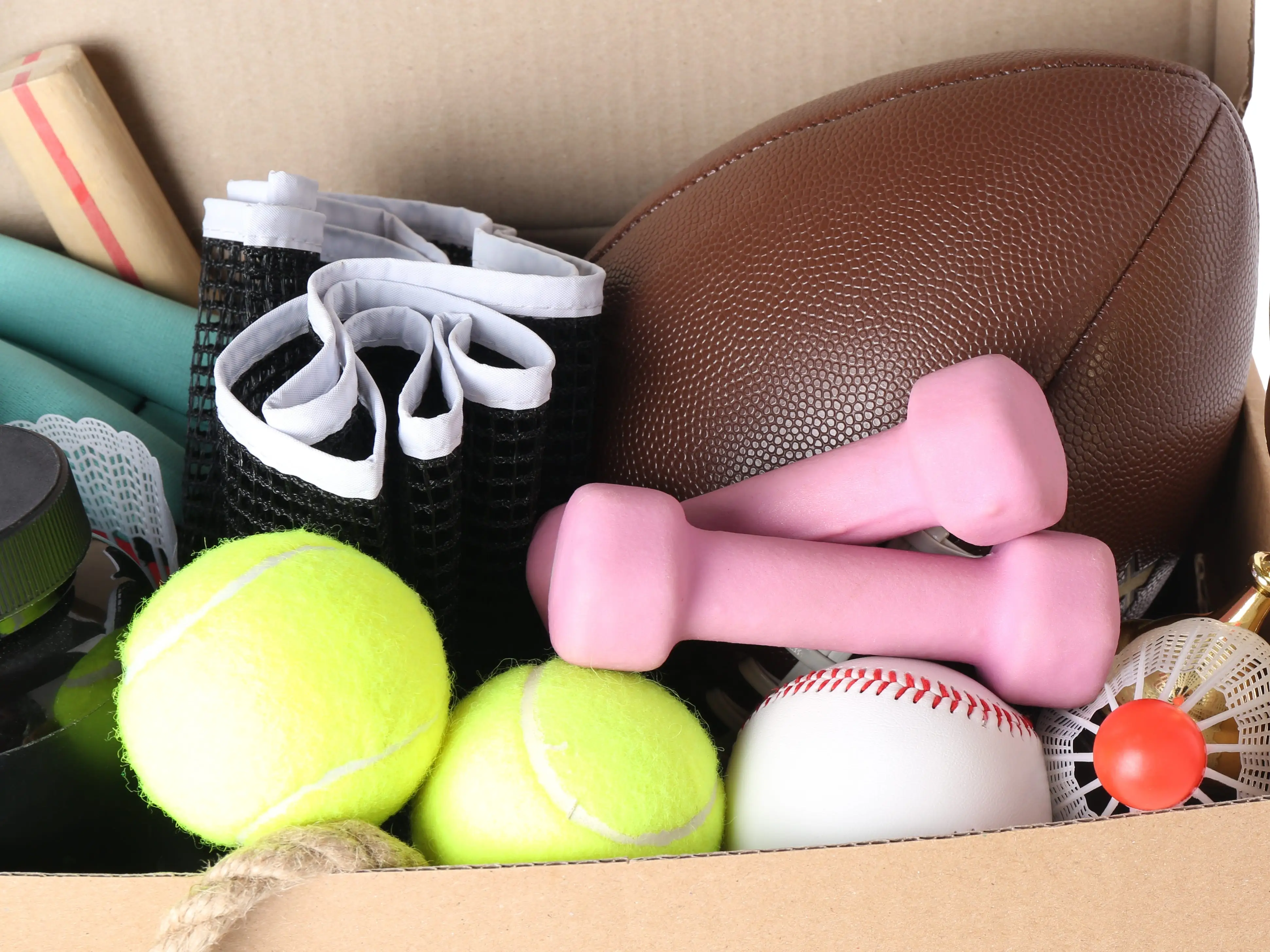 A box of sporting equipment.