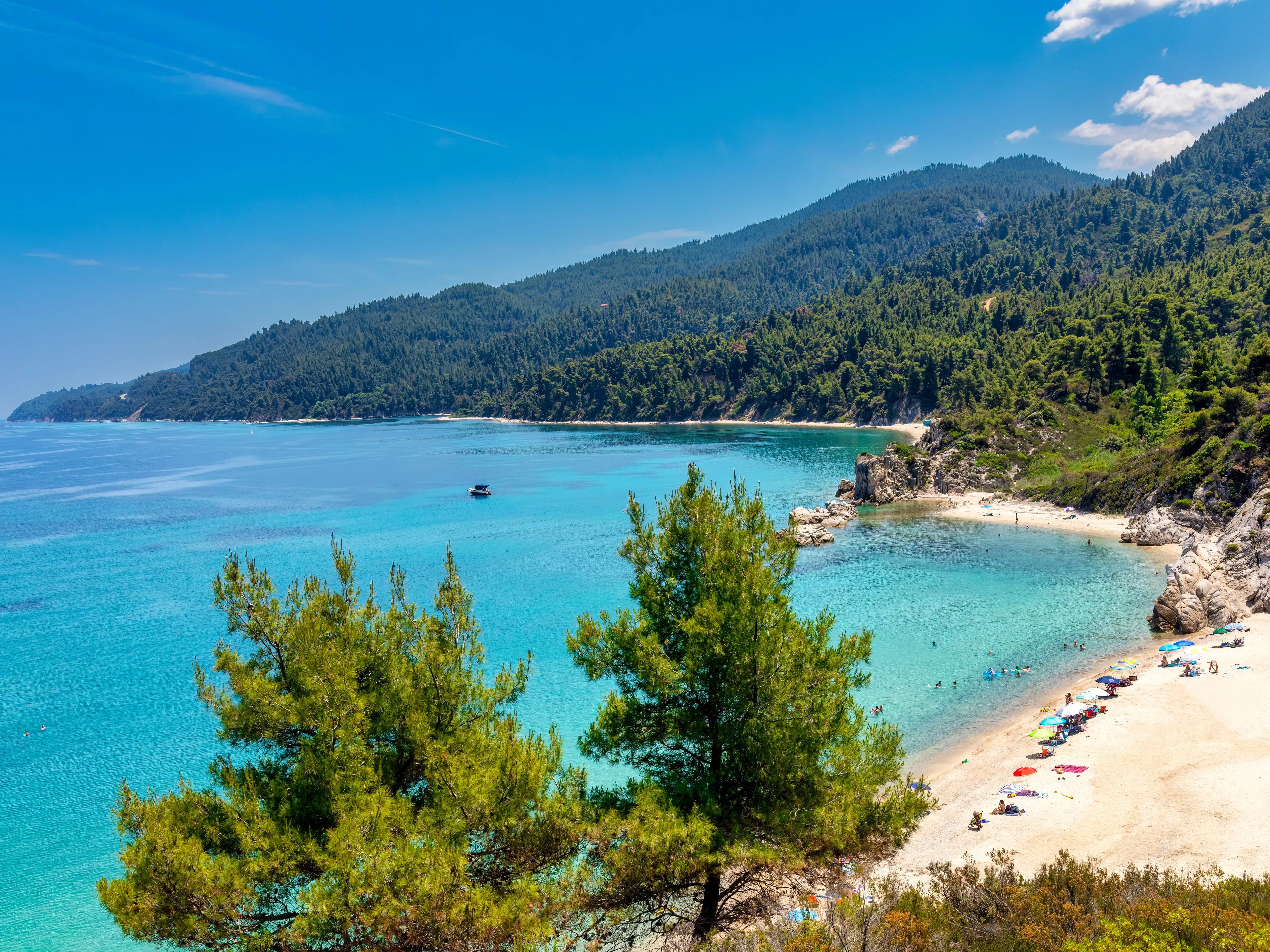 A wide shot of Fava Beach near Vourvourou on the peninsula of Sithonia in Halkidiki.