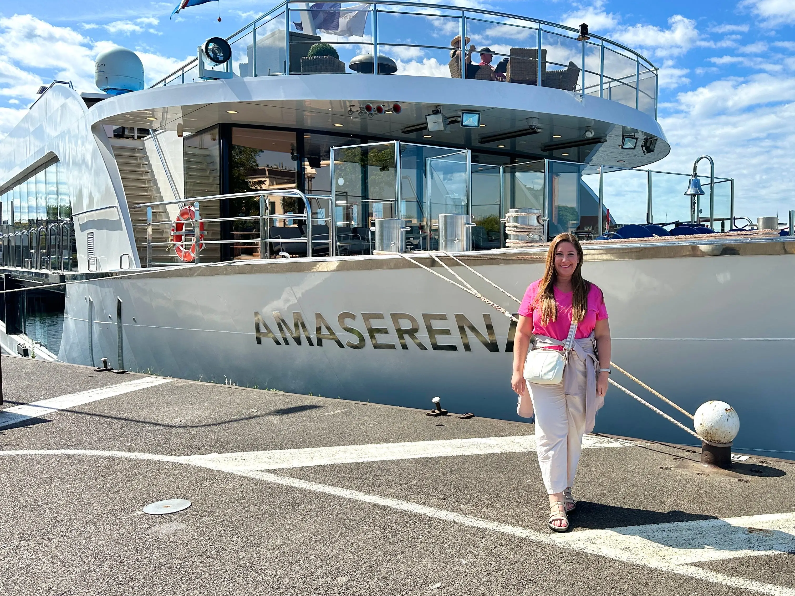 Author Jill Schildhouse in front of Ama Serena ship