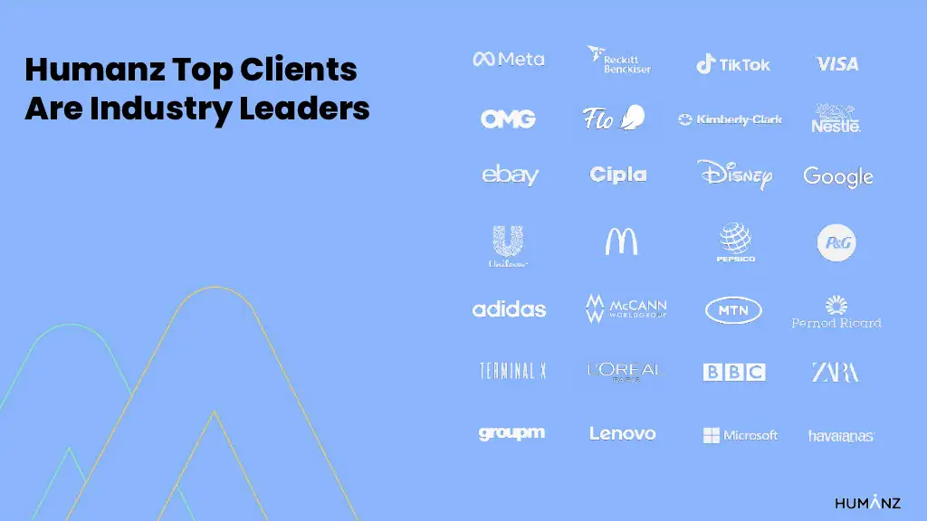 Humanz Top Clients
Are Industry Leaders
(Meta, TikTok, Visa, Disney, Google, Nestlé, McDonald's, Adidas, L'Oréal, BBC, Zara, Lenovo, Microsoft, Heineken, and others — logos shown)