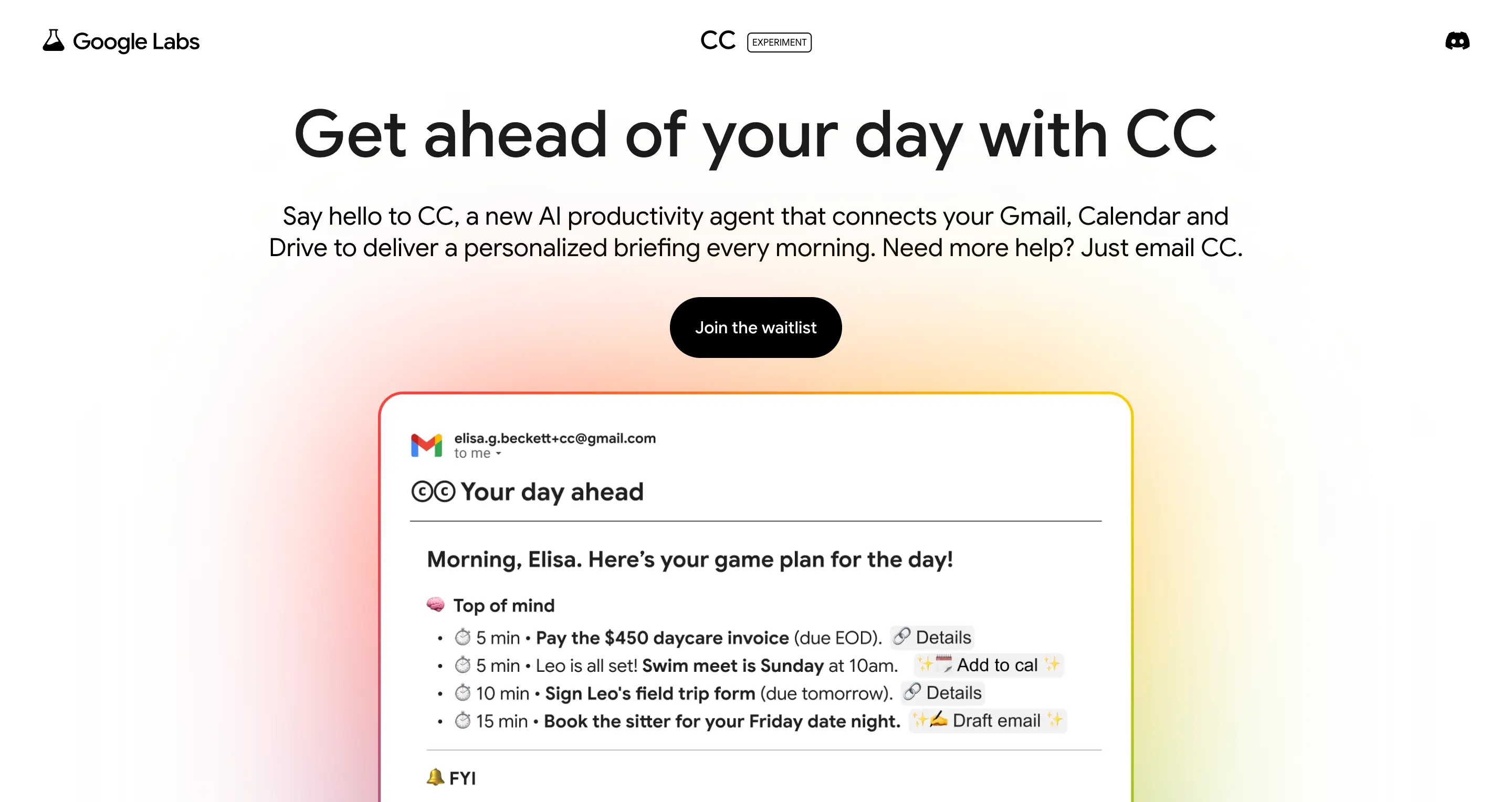 Google's AI productivity project CC is pictured.