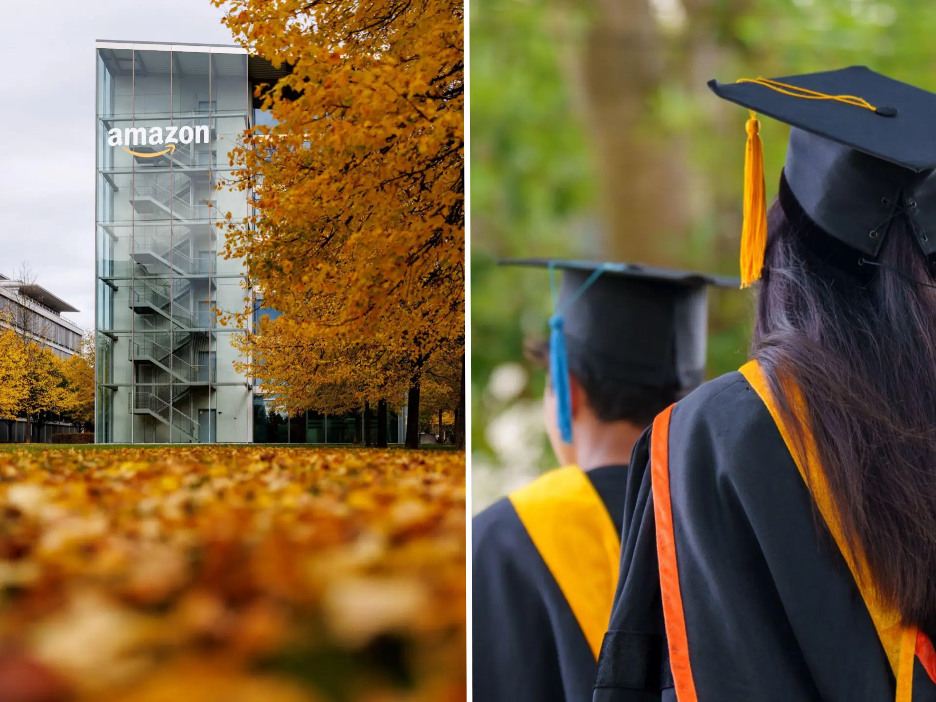 Split image of an Amazon building on the left and a rear view of graduates on the right