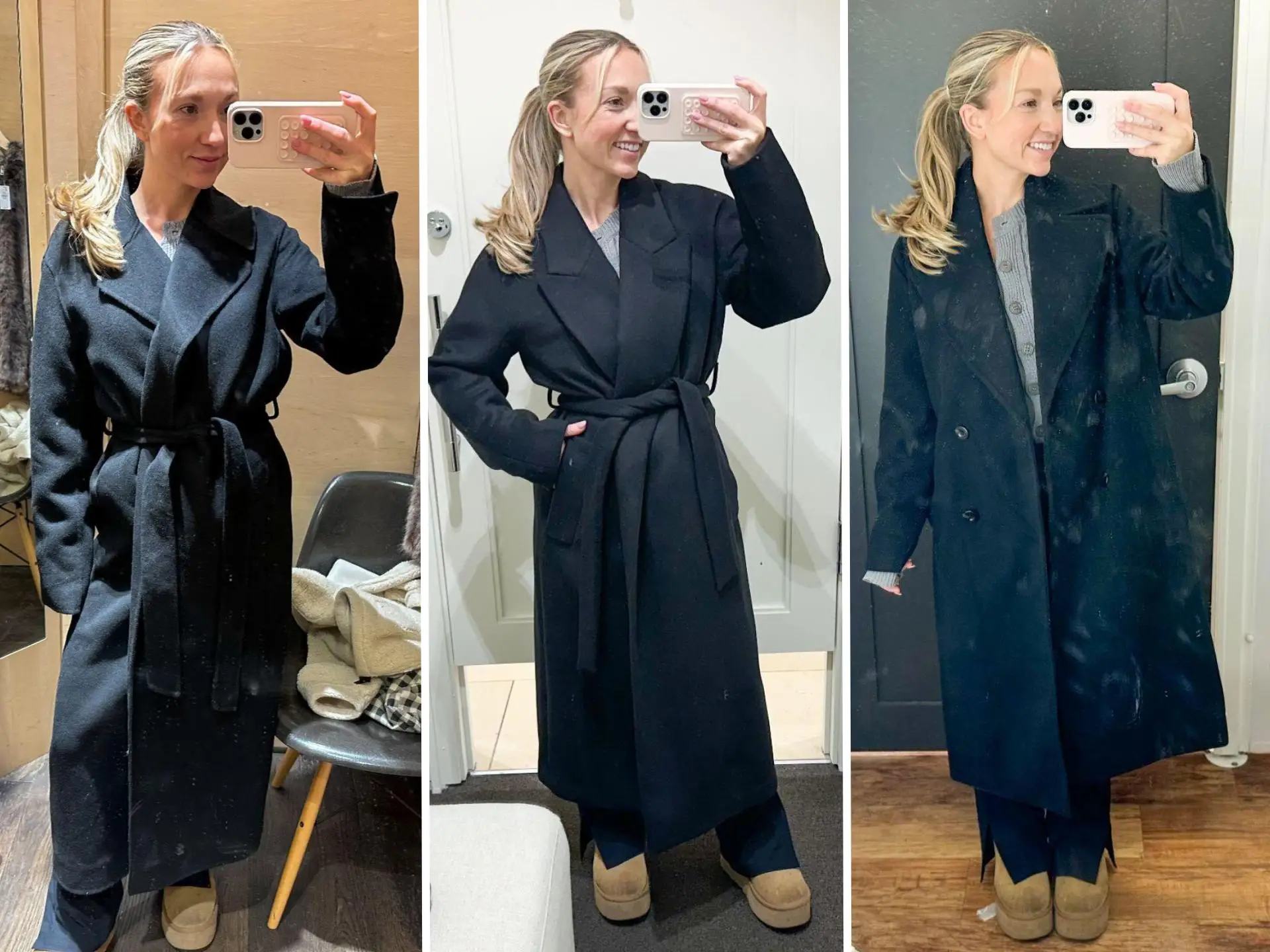 A composite image of Chloe wearing three different long black peacoats.
