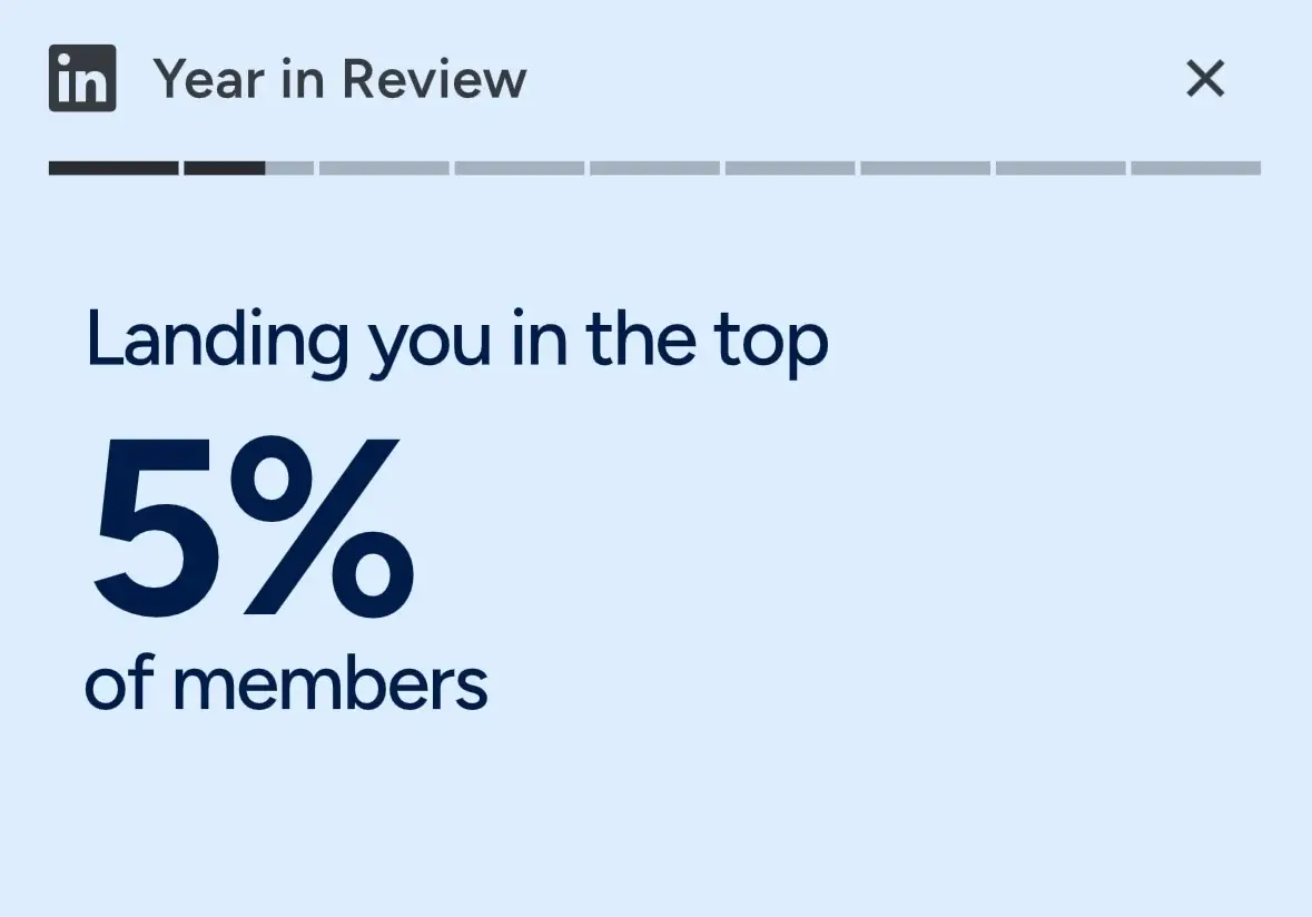 My LinkedIn Year in Review is featured, showing I was in the top 5% of members