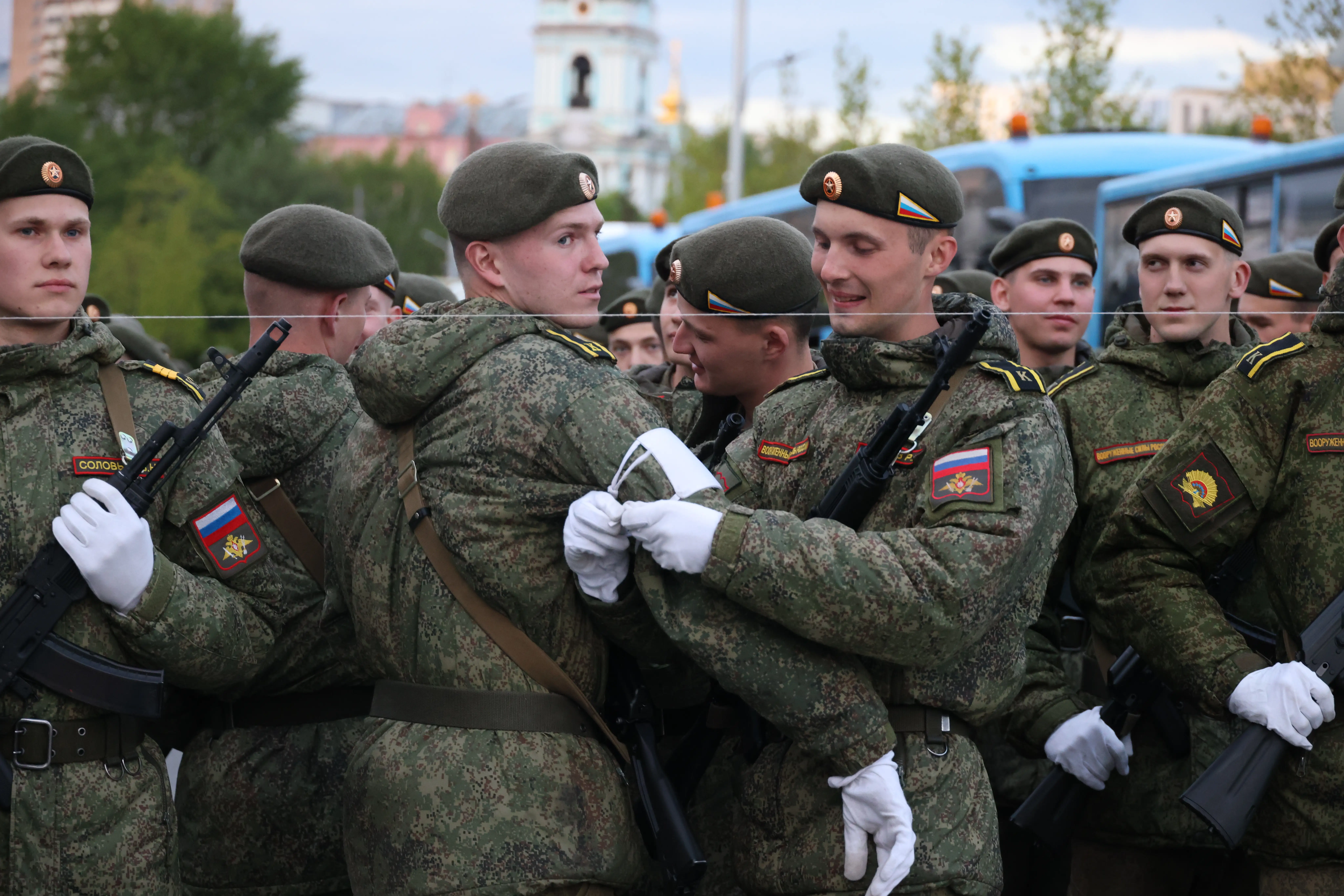 Russian cadets and officers prepare for the rehearsals of the Victory Day Red Square Parade in May 2025.