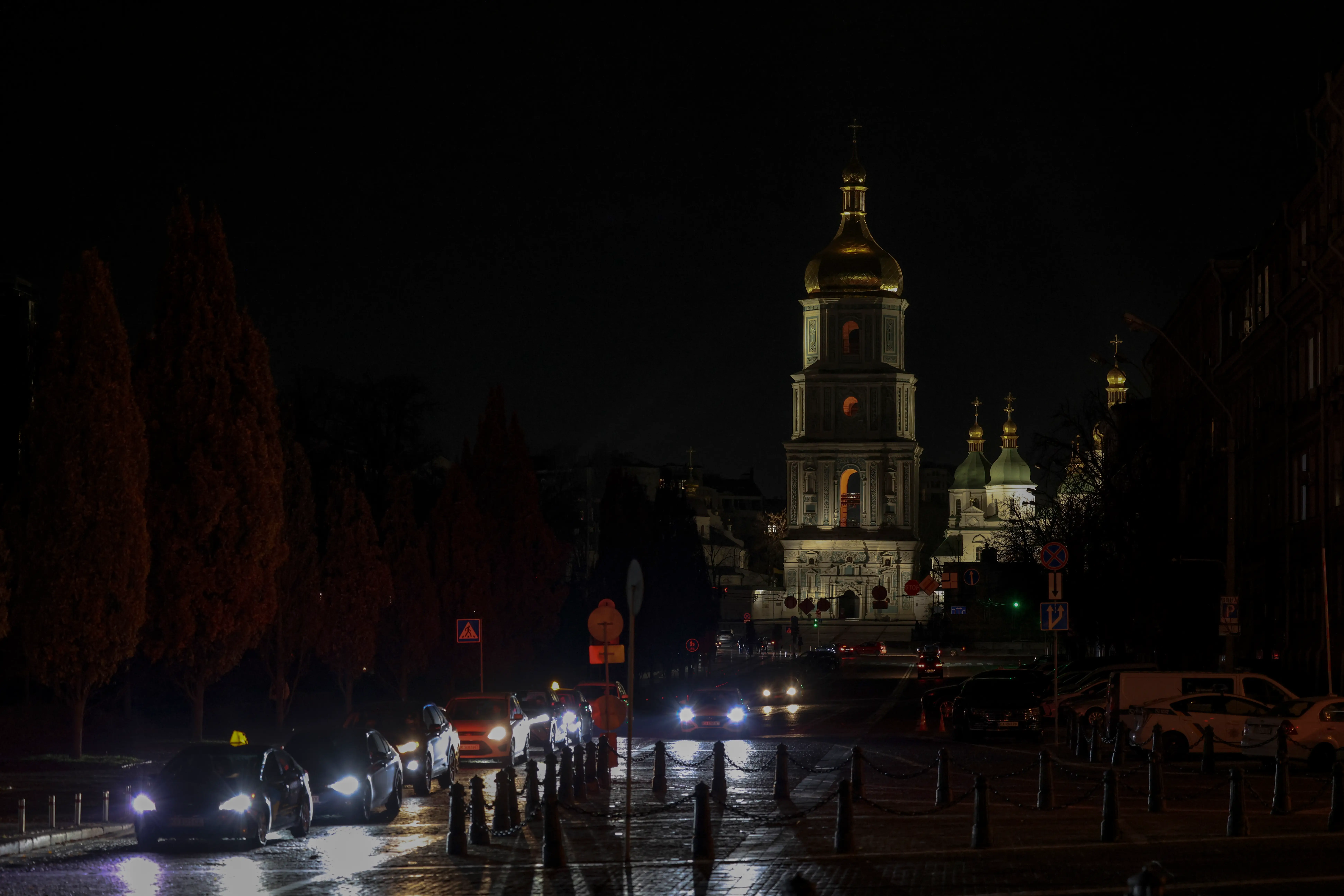A view of a darkened Kyiv cityscape during an emergency power outage in November.