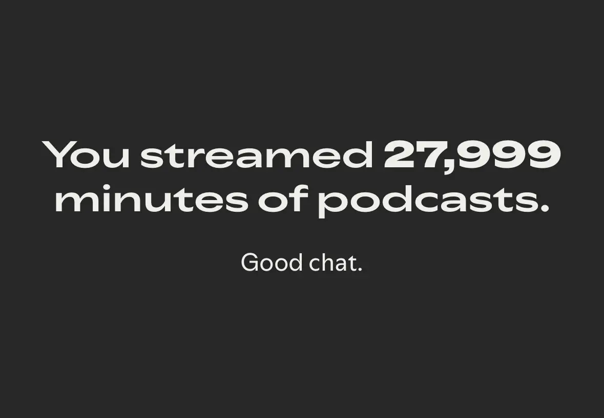 Spotify Wrapped is pictured showing 27,999 minutes of podcasts.