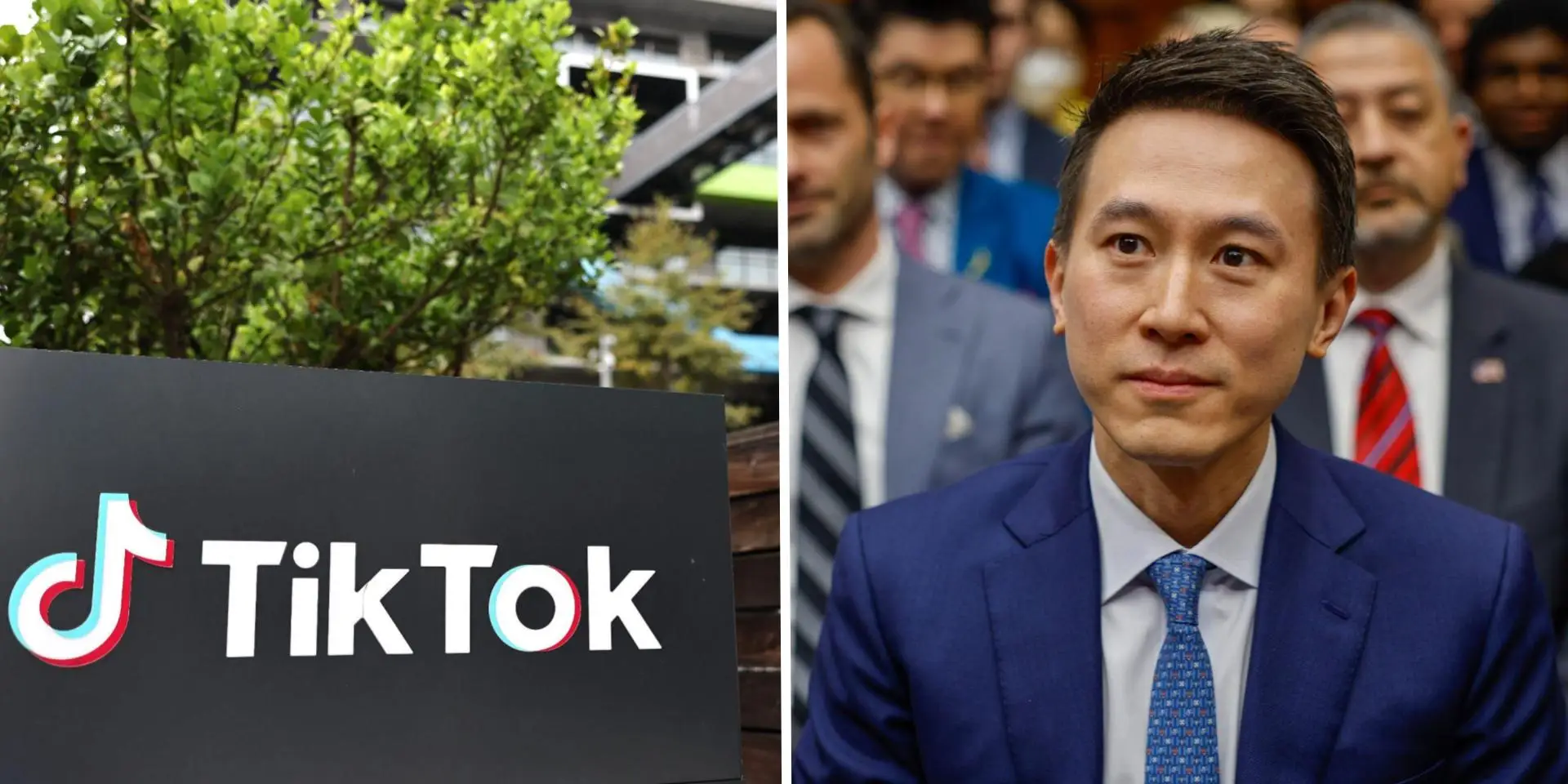 TikTok's office sign next to CEO Shou Chew.