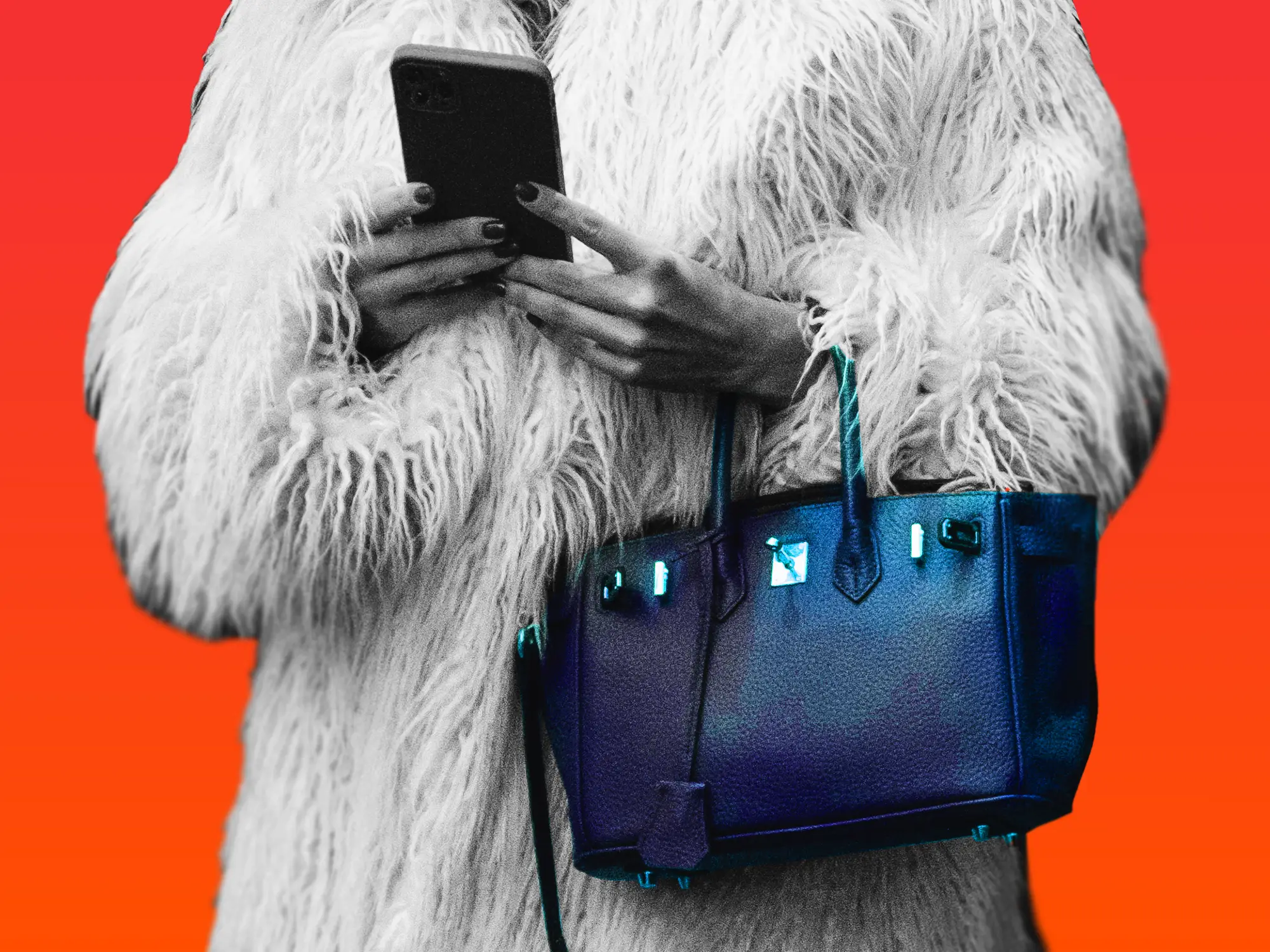 A woman in a big fur coat on her phone holding a purse