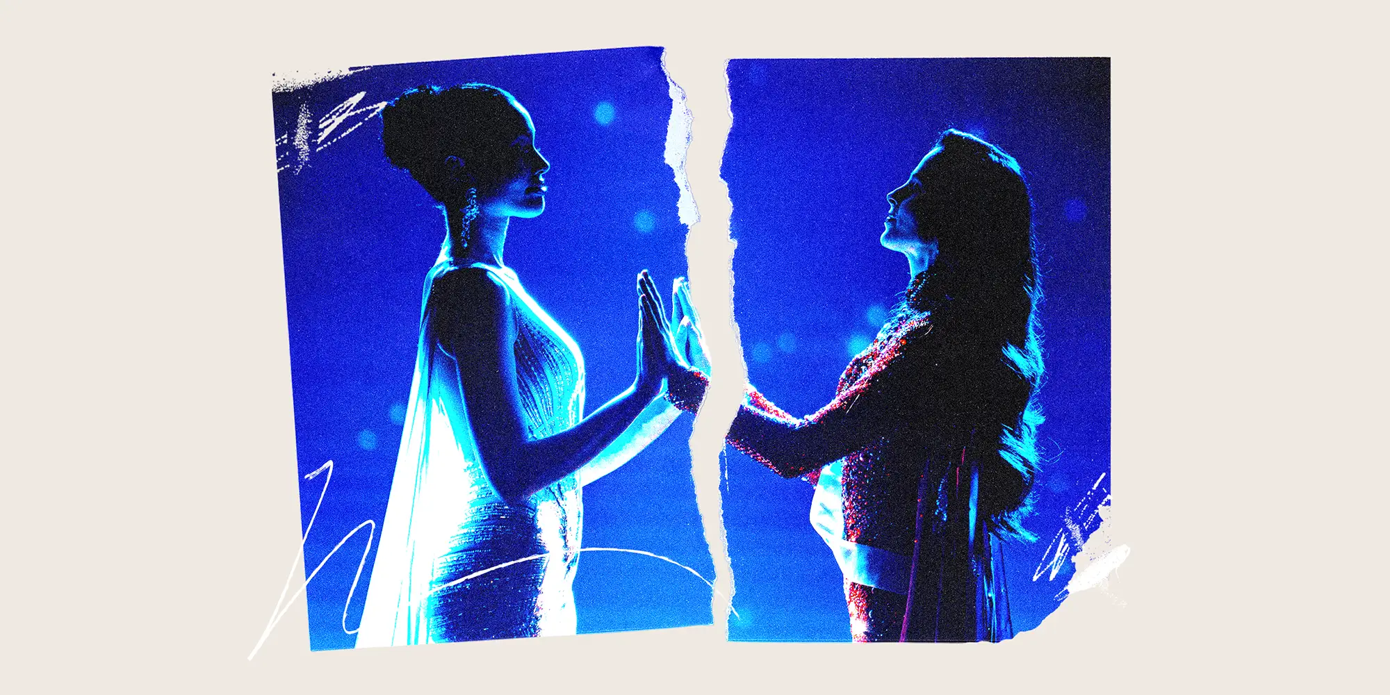 Ripped photo of Miss Mexico Fatima Bosch (R) and Miss Thailand Praveenar Singh (L).