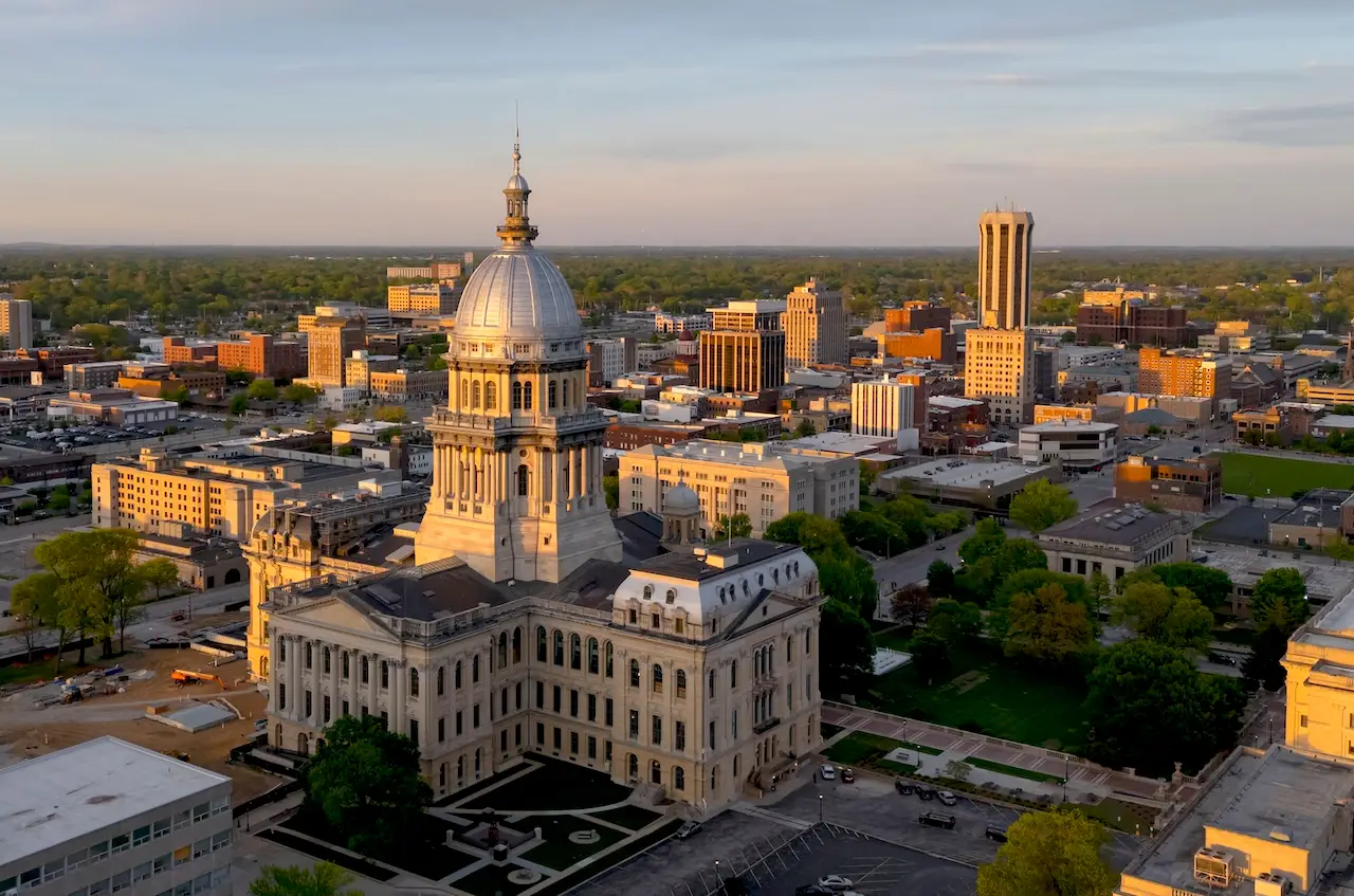 The sun sets on the Illinois State Capitol in downtown Springfield.