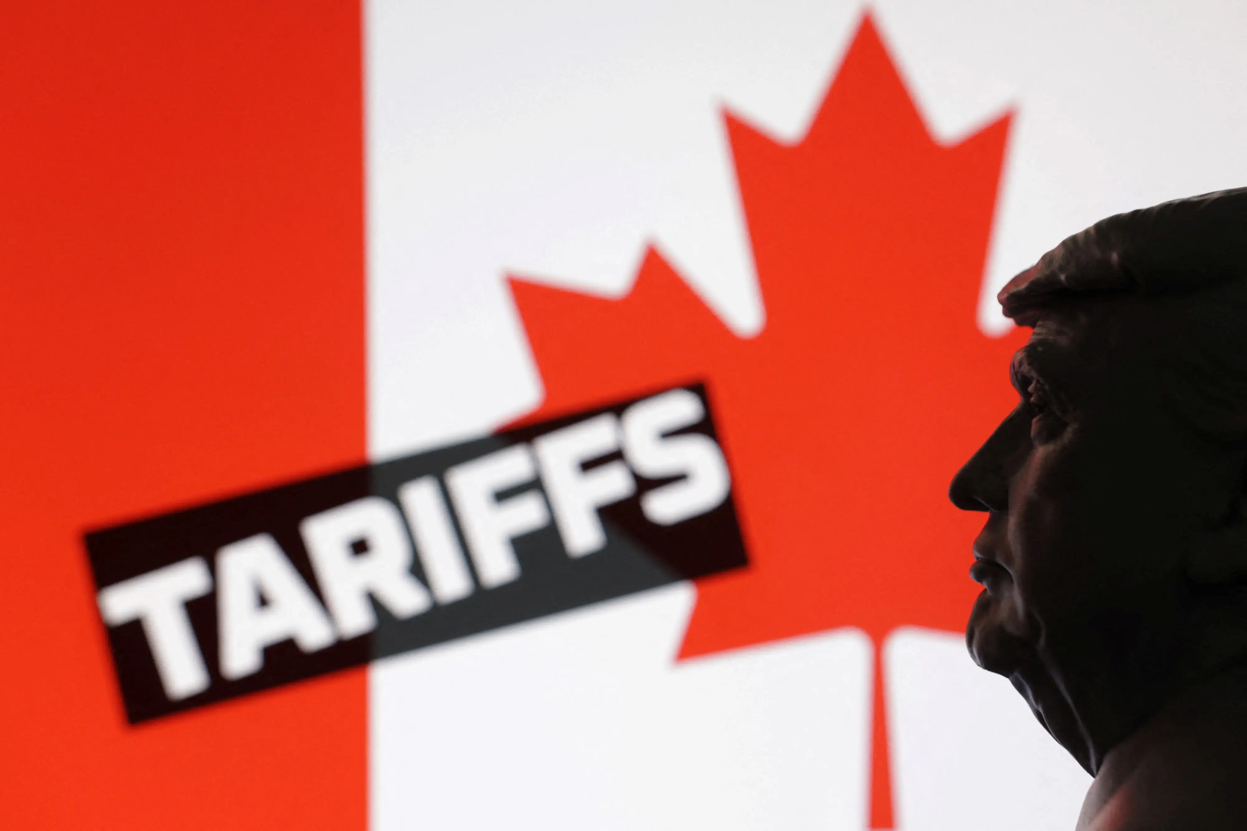 Illustration shows 3D-printed miniature model of U.S. President Donald Trump, Canada flag and word 