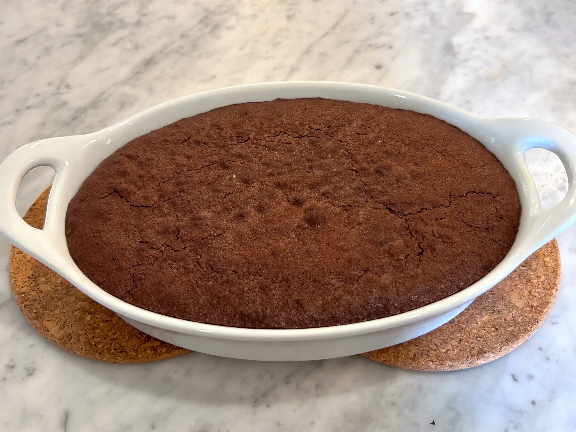 Ina Garten's brownie pudding out of the oven