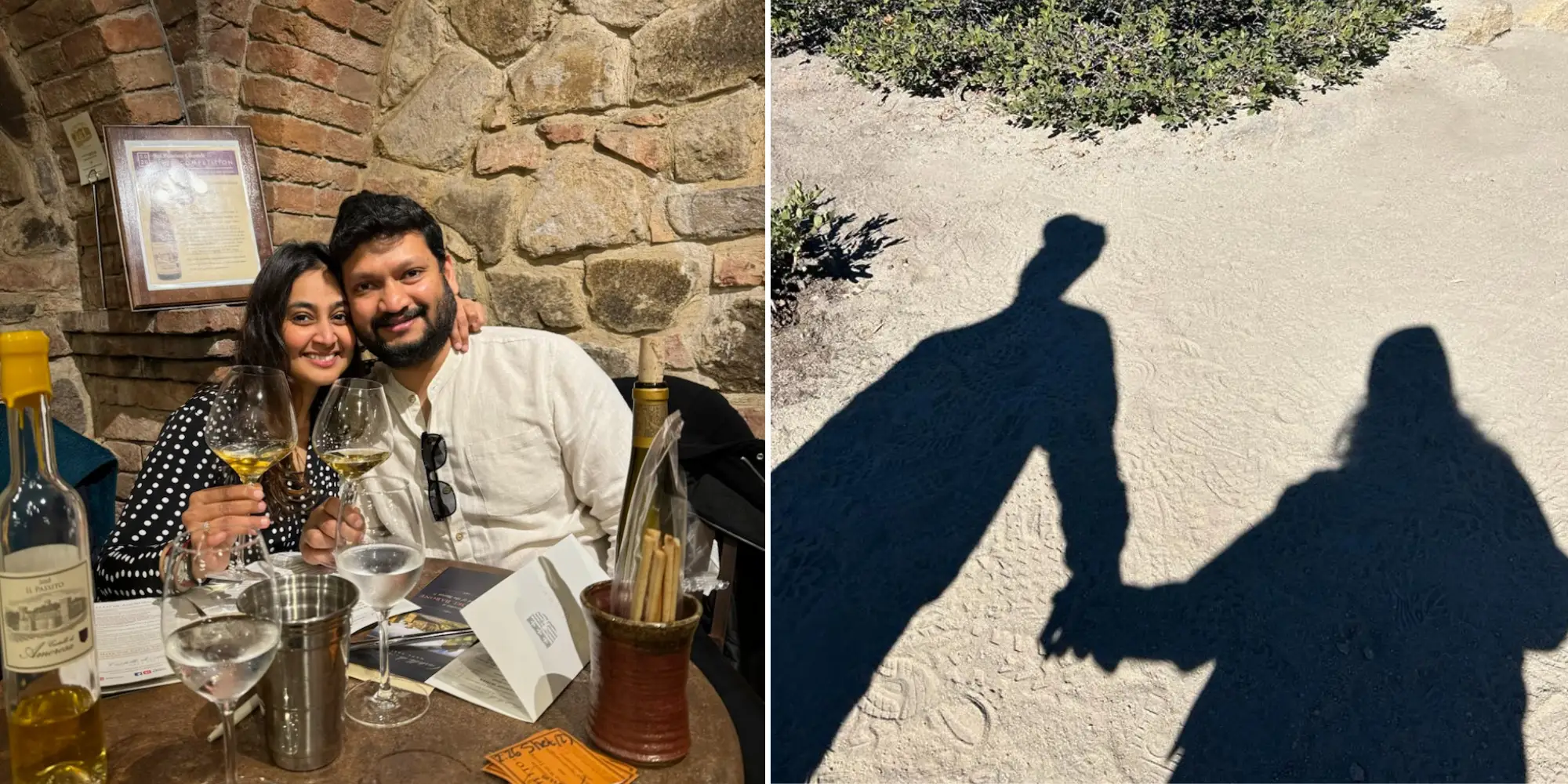 Left: Ashwini Gangal with her husband. holding wine glasses Right: The shadows of Gangal and her husband cast on sandy ground.