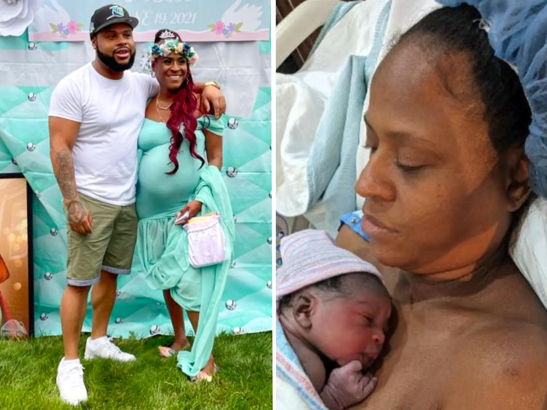 A side-by-side image of a pregnant woman with her adult son and the same woman with her newborn.