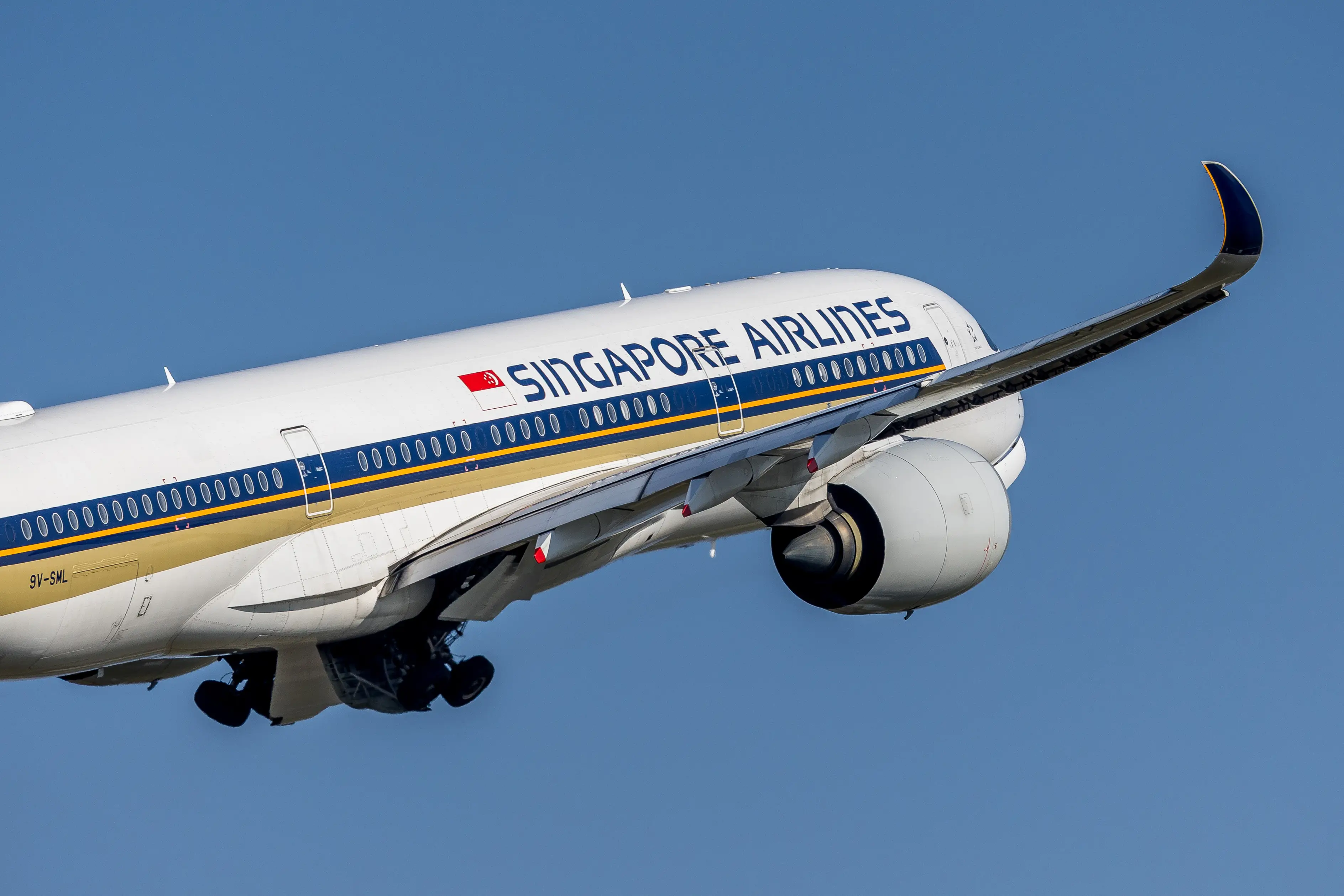A Singapore Airlines Airbus A-350 plane bound for Singapore takes off from the Belgian capital's Zaventem airport on March 08, 2025 in Brussels, Belgium