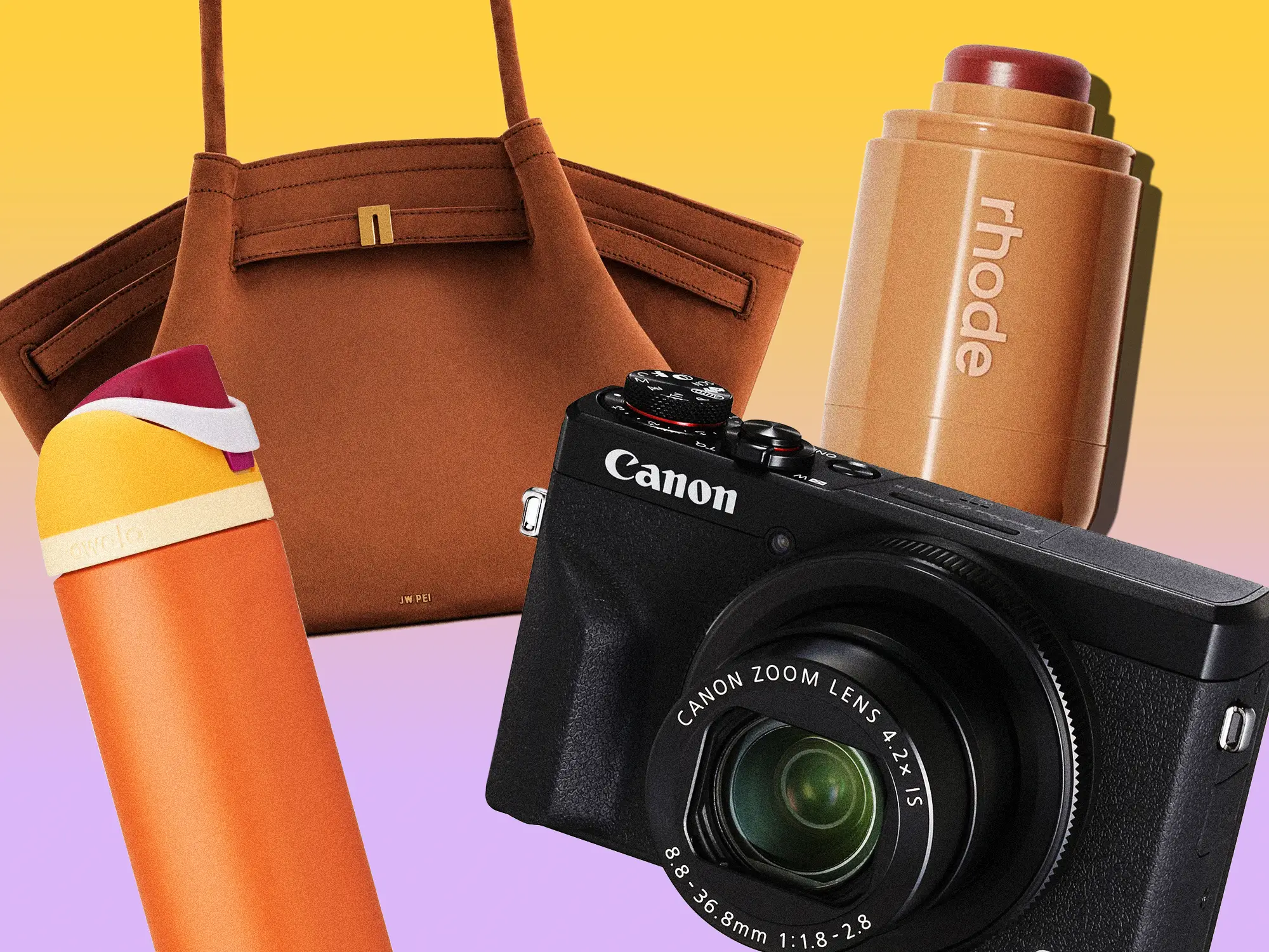 Collection of items including a camera, tumbler, and a purse