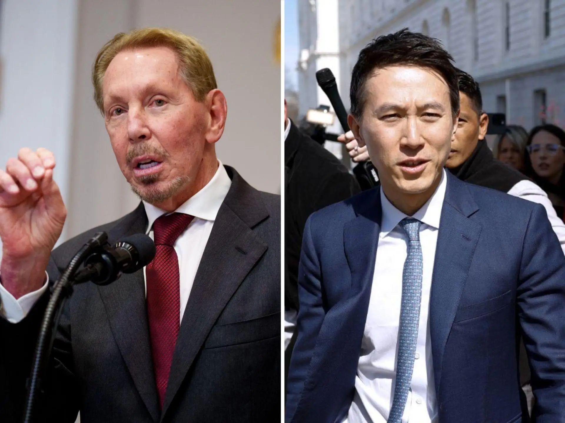 Larry Ellison, Oracle co-founder, CTO and Executive Chairman Larry Ellison speaks during a news conference with U.S. President Donald Trump in the Roosevelt Room of the White House on January 21, 2025 in Washington, DC. ; Shou Zi Chew, CEO of TikTok, departs from the Russell Senate Office Building after meeting with Sen. John Fetterman (D-PA) on March 14, 2024 in Washington, DC.