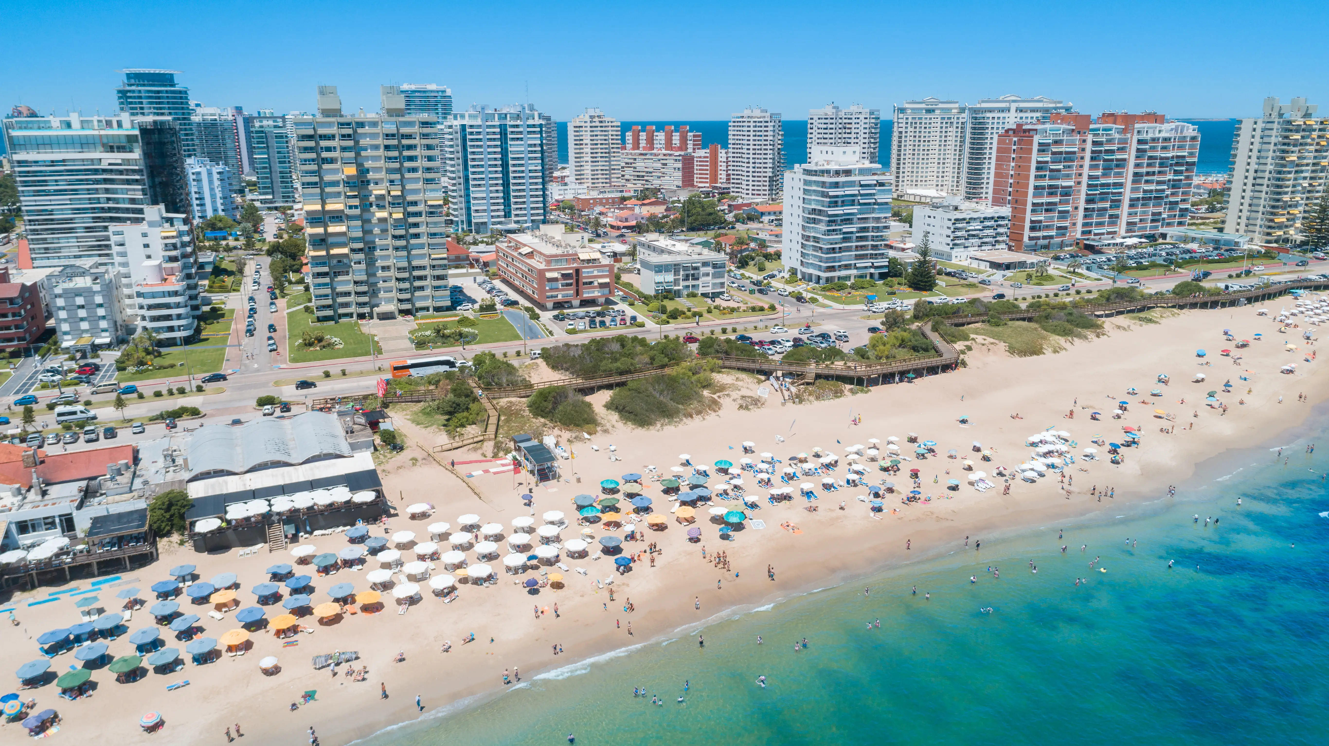Punta del Este's beach, aerial view, drone point of view, sand and ocean, Uruguay. Image taken outdoors, daylight, in summer.