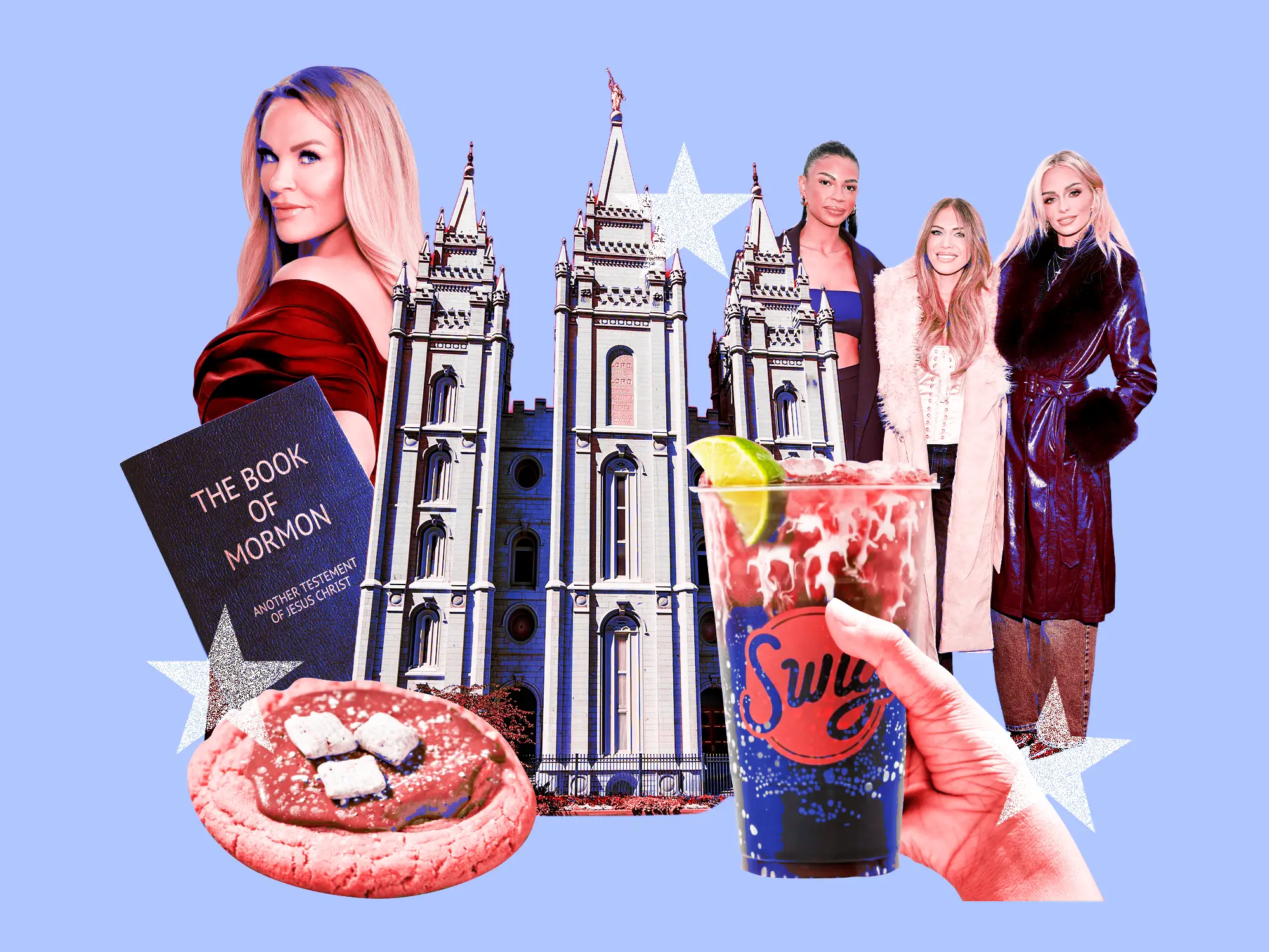 Photo collage featuring Heather Gay from The Real Housewives of Salt Lake City, the cast of The Secret Lives of Mormon Wives, the Salt Lake City Mormon Temple, a hand holding a 