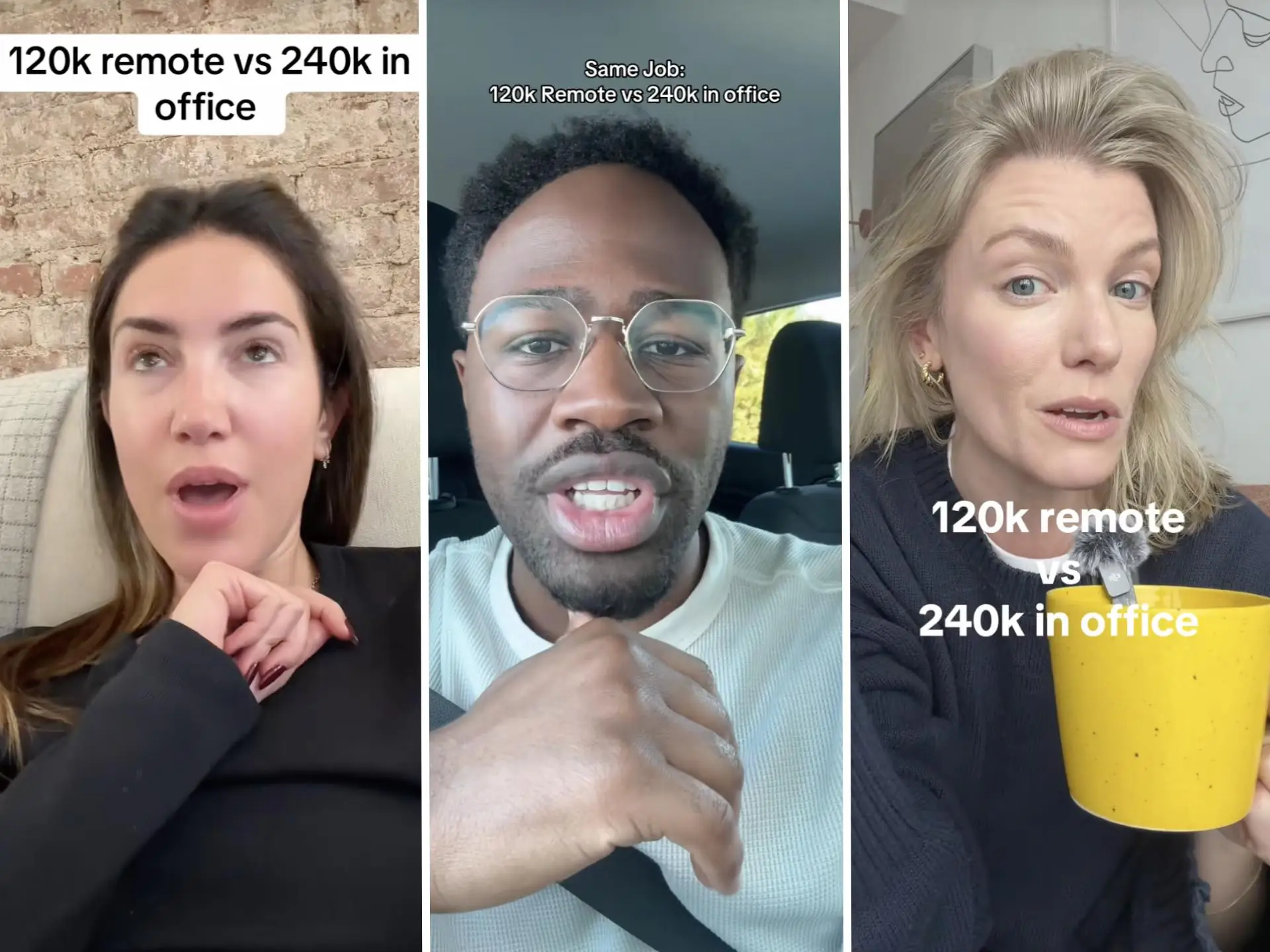 Three creators are pictured debating in-office versus remote work.