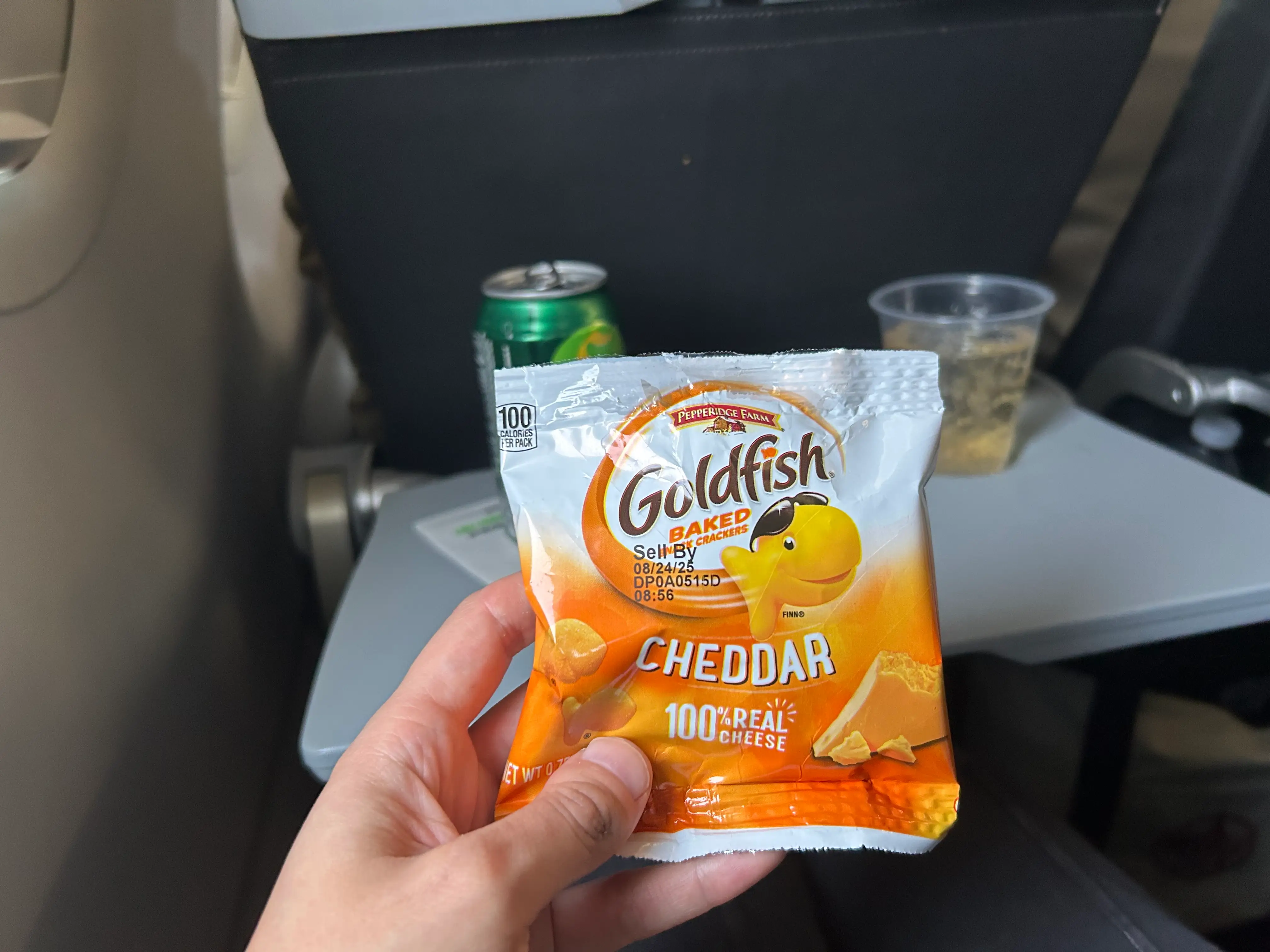 A hand holds a pack of goldfish in front of a tray table on a flight