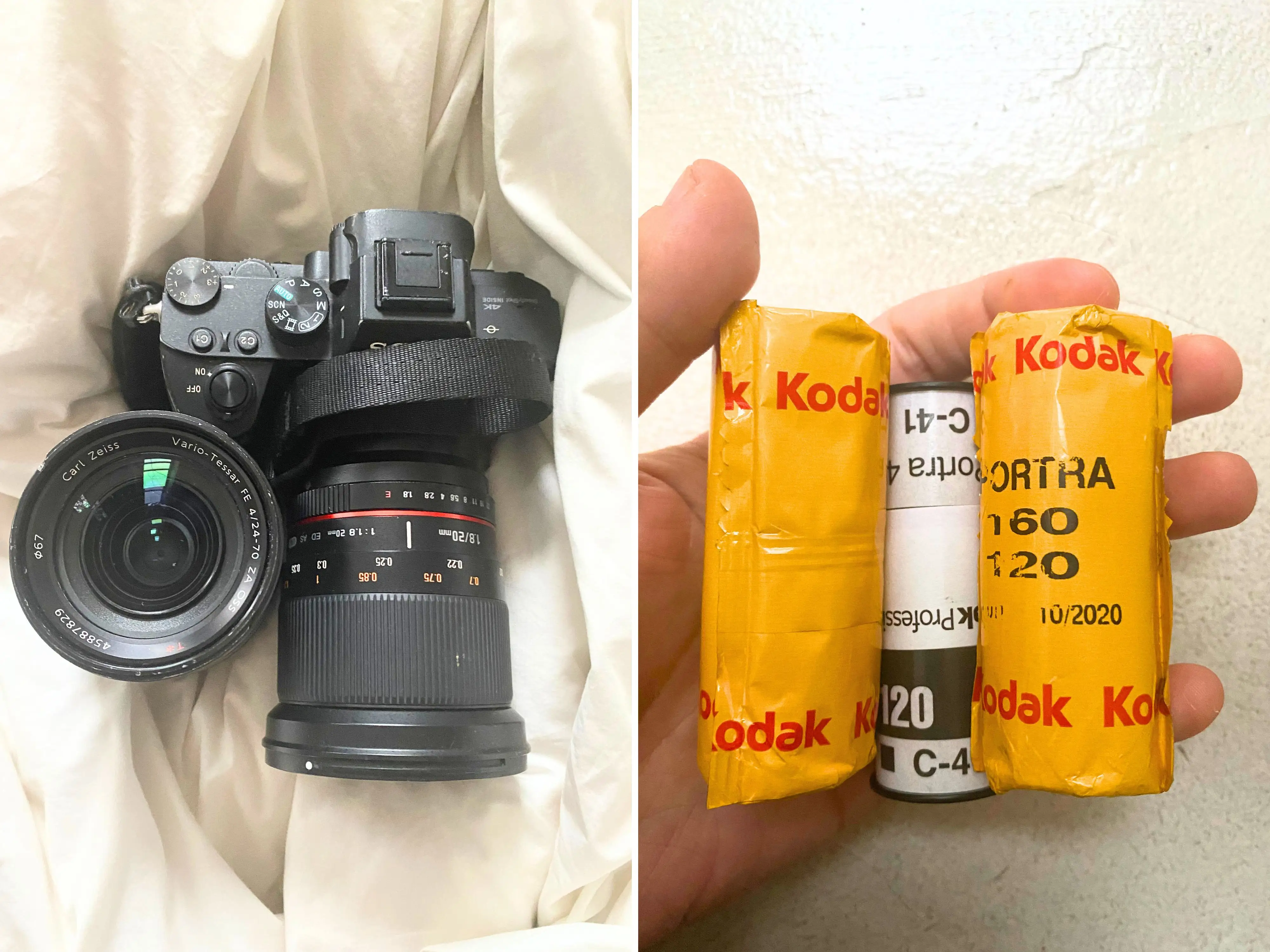 A composite image of a digital camera and an extra lens and a hand holding three rolls of film