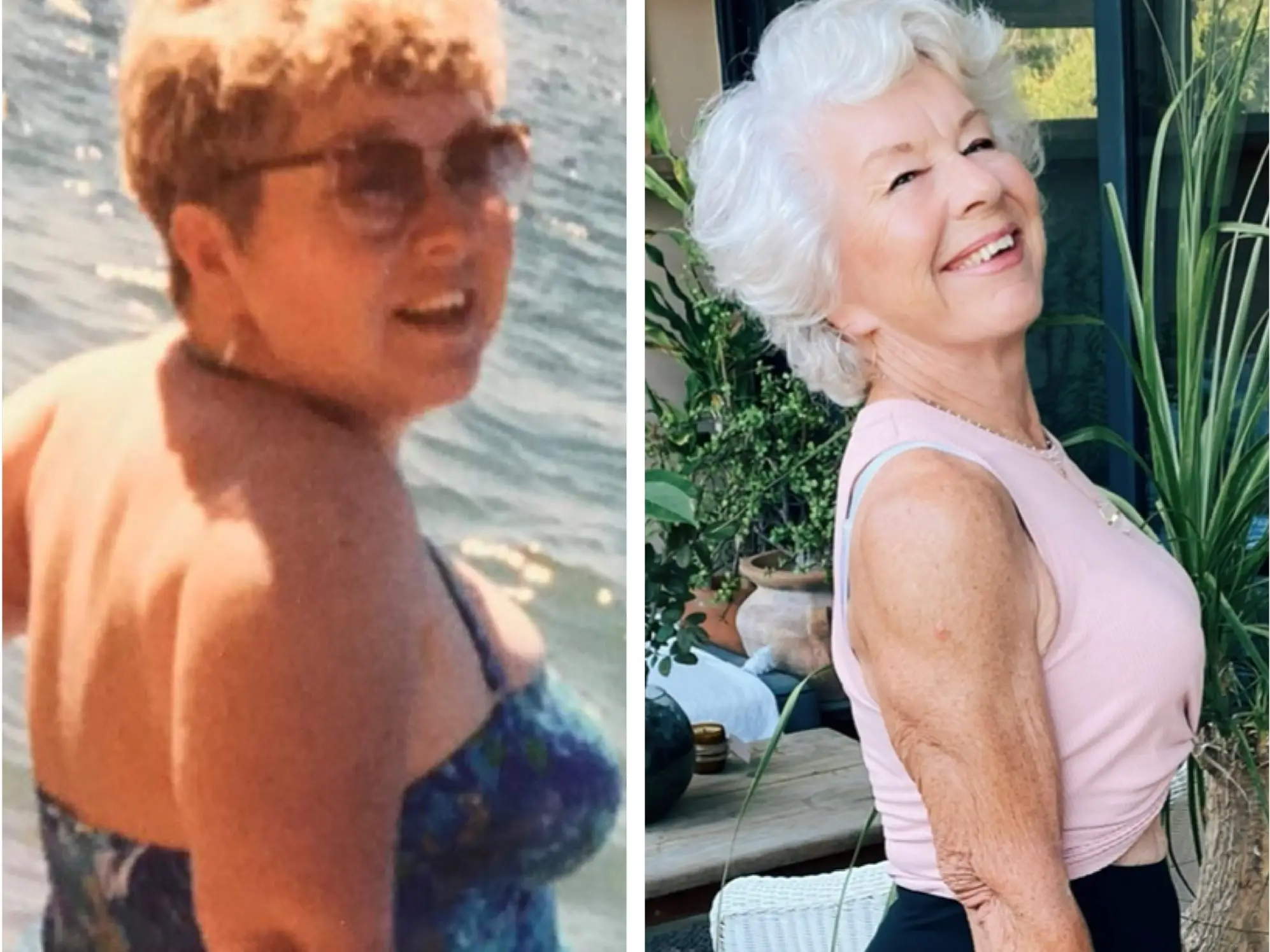 A split image of an overweight senior and the same, much fitter woman, 70 pounds lighter.