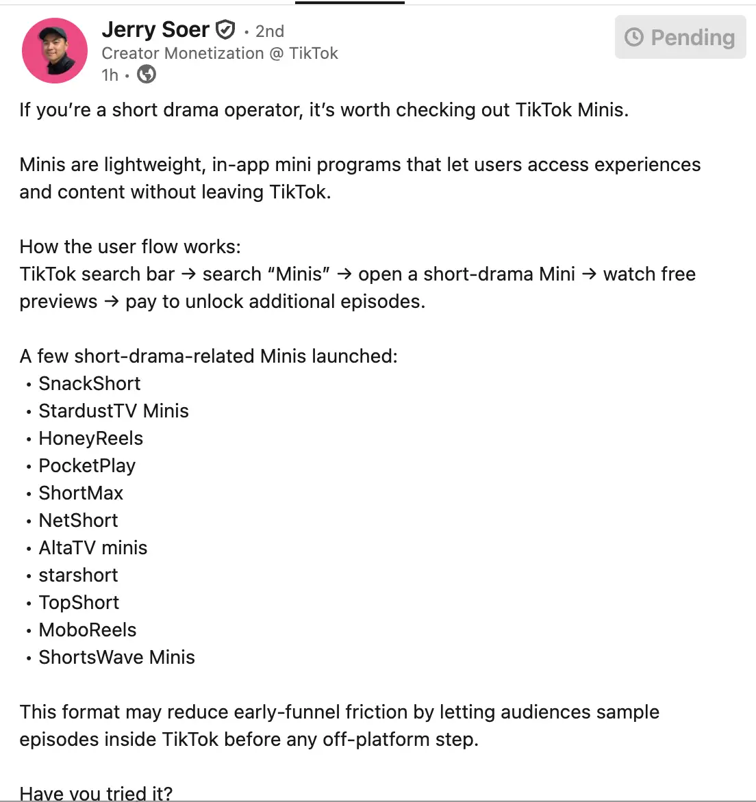 screenshot of TikTok exec Jerry Soer post on Linkedin