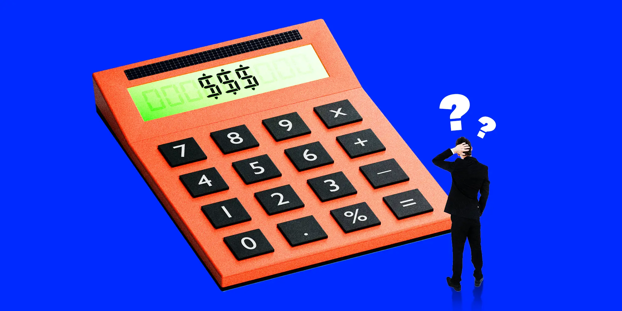 A confused figure looking at a large calculator with dollar signs