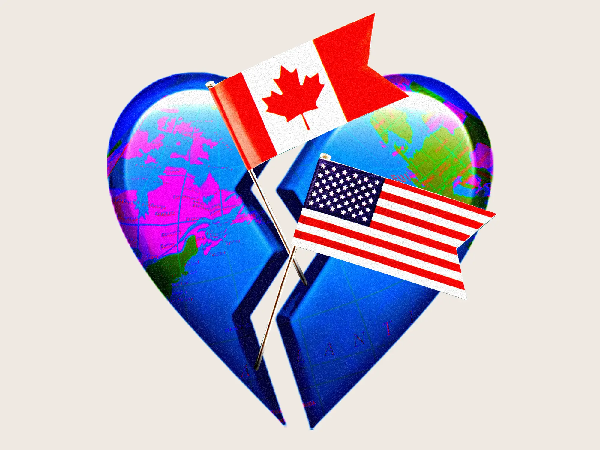 A heart-shaped globe split in half, with the Canadian flag and the US flag emerging from the break.