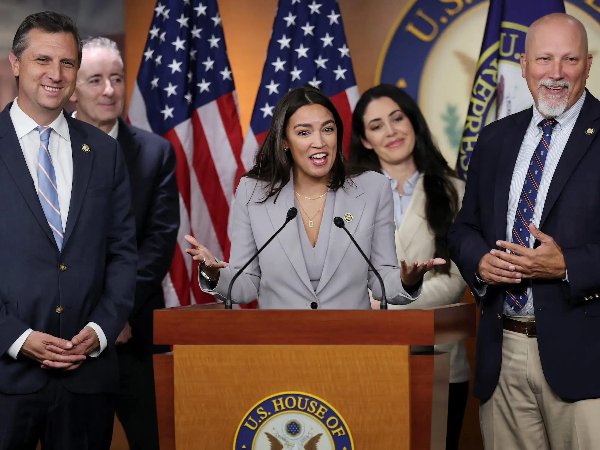 From left: Reps. Seth Magaziner, Brian Fitzpatrick, Alexandria Ocasio-Cortez, Anna Paulina Luna, and Chip Roy.