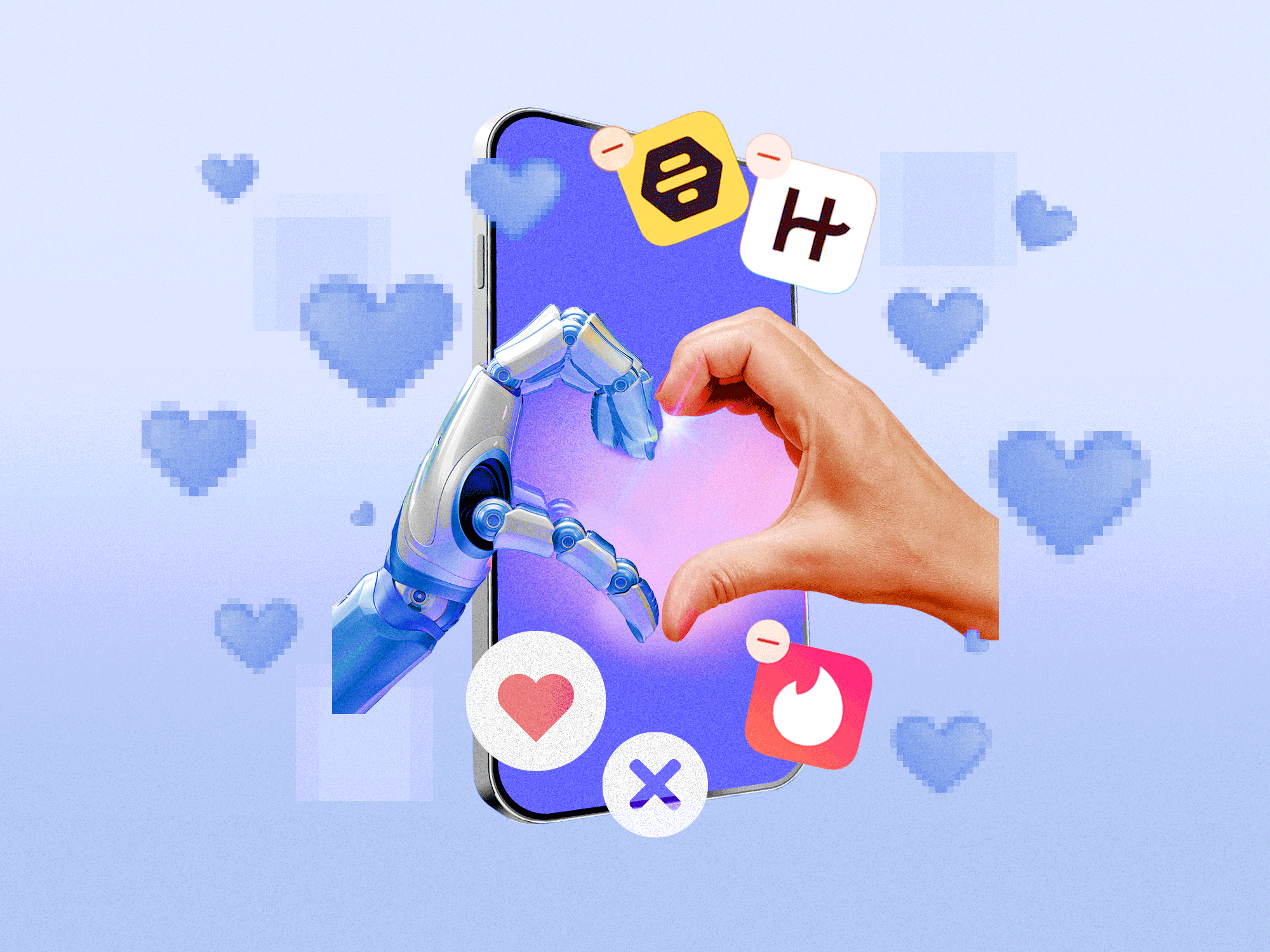 A robotic hand and a human hand form a heart shape together, surrounded by icons of Tinder, Hinge, and Bumble being deleted.