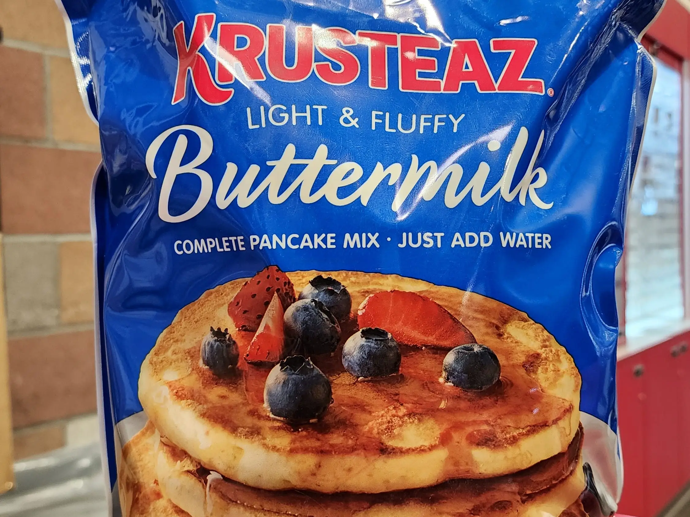 A bag of Krusteaz buttermilk pancake mix.