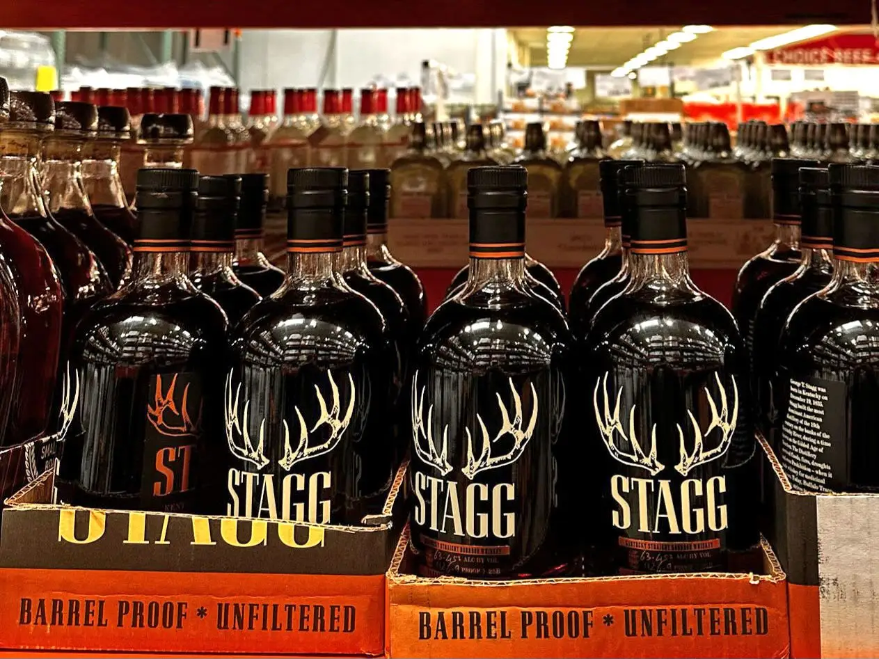 Bottles of Stagg bourbon on display at Costco.