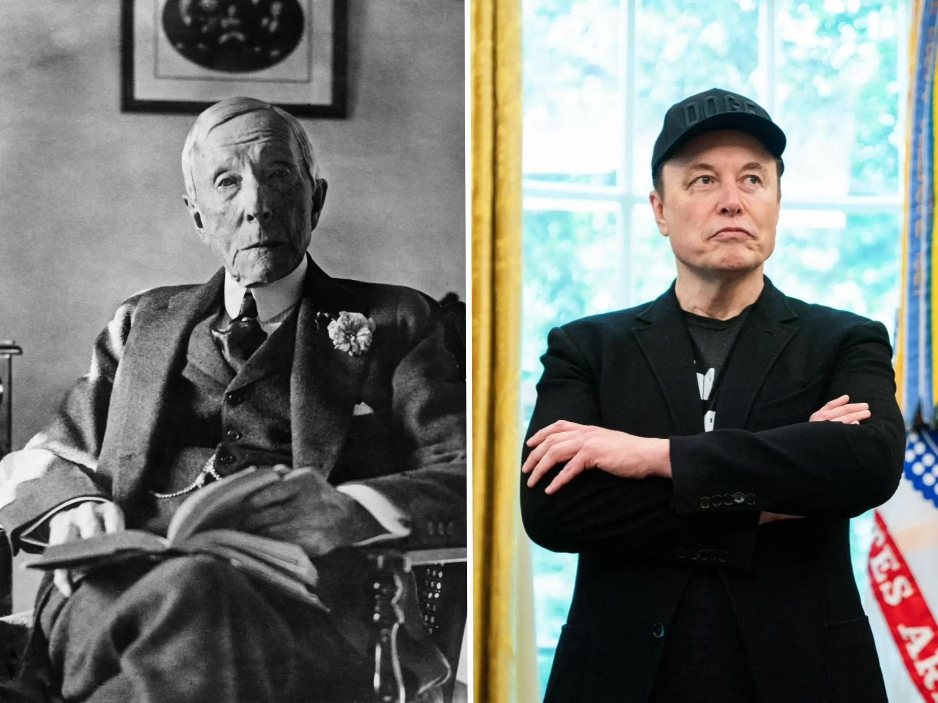 Split image of John D. Rockefeller and Elon Musk