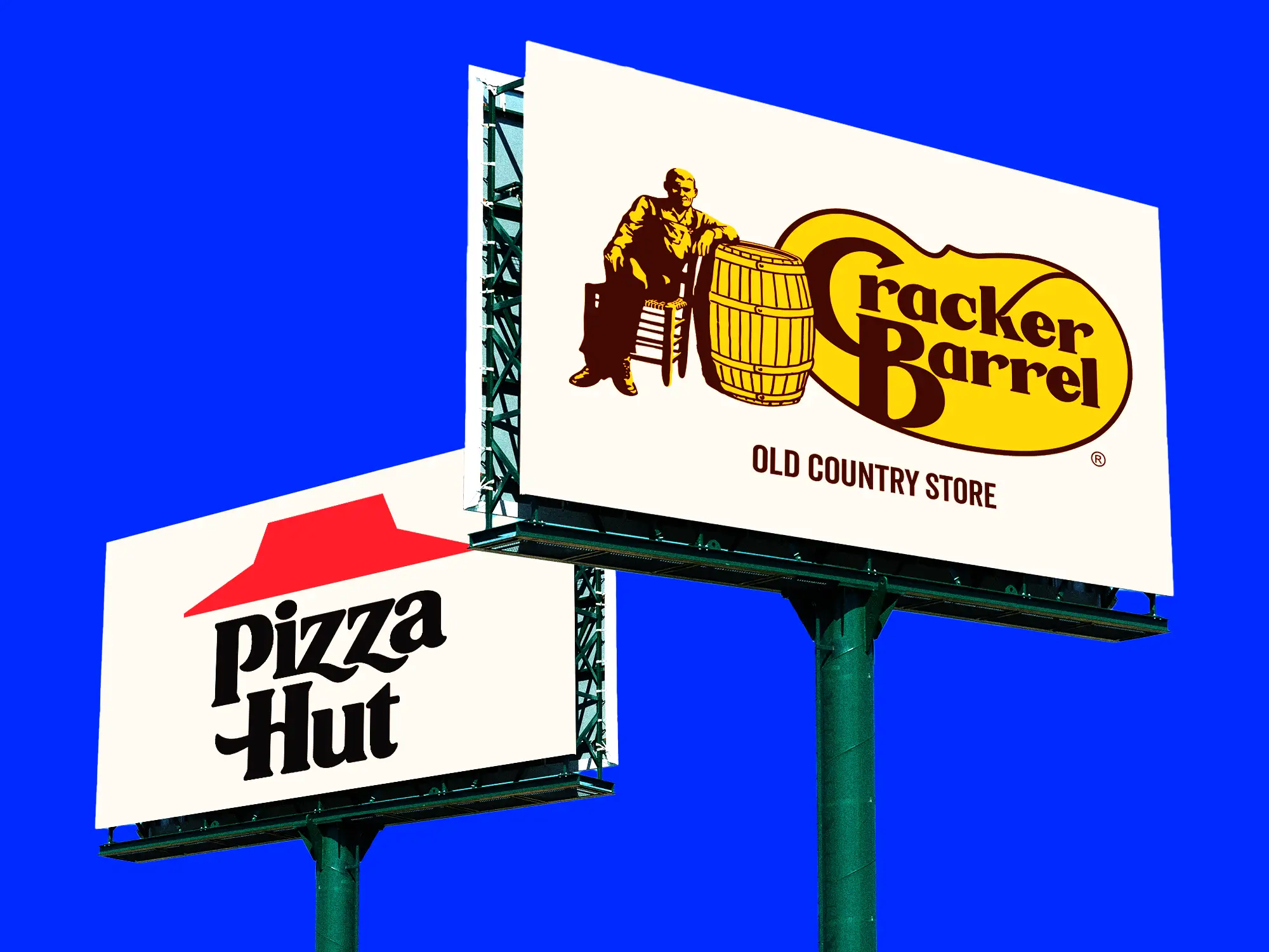 Two large billboards displaying a Pizza Hut and Cracker Barrel logos