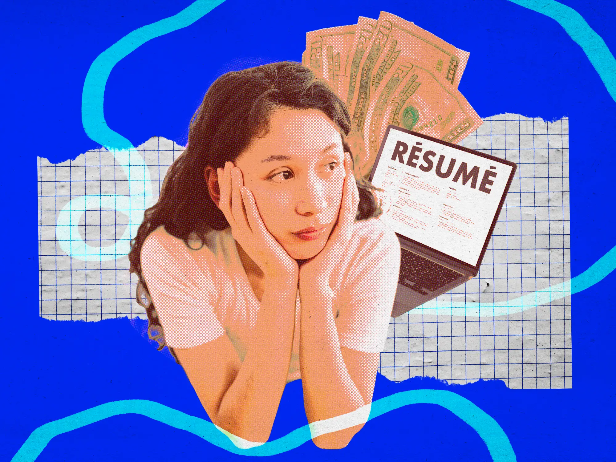 Woman looking disappointed with cash and resume surrounding her