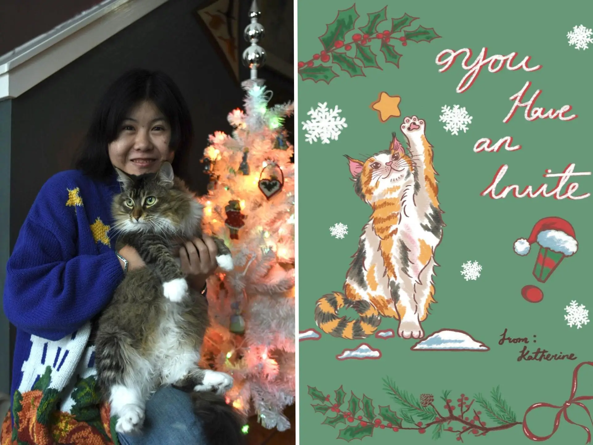 A split image of the author and her cat and a Christmas tree, and a Christmas party invite card the author made