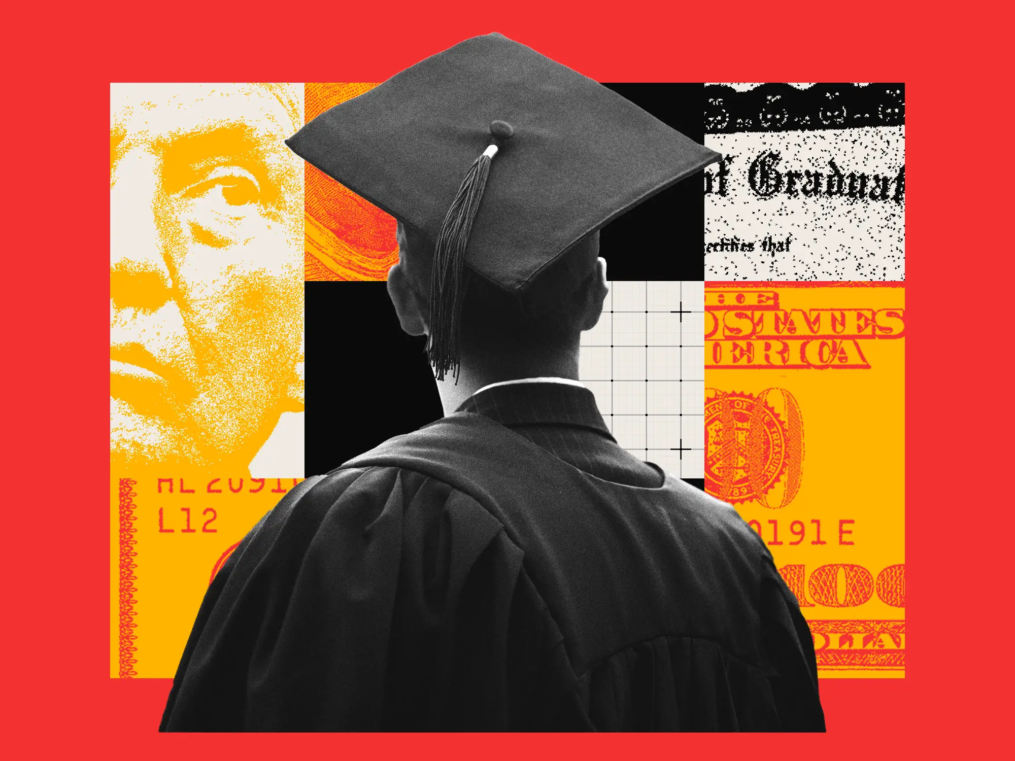 Collage featuring a college graduate, money, and President Trump
