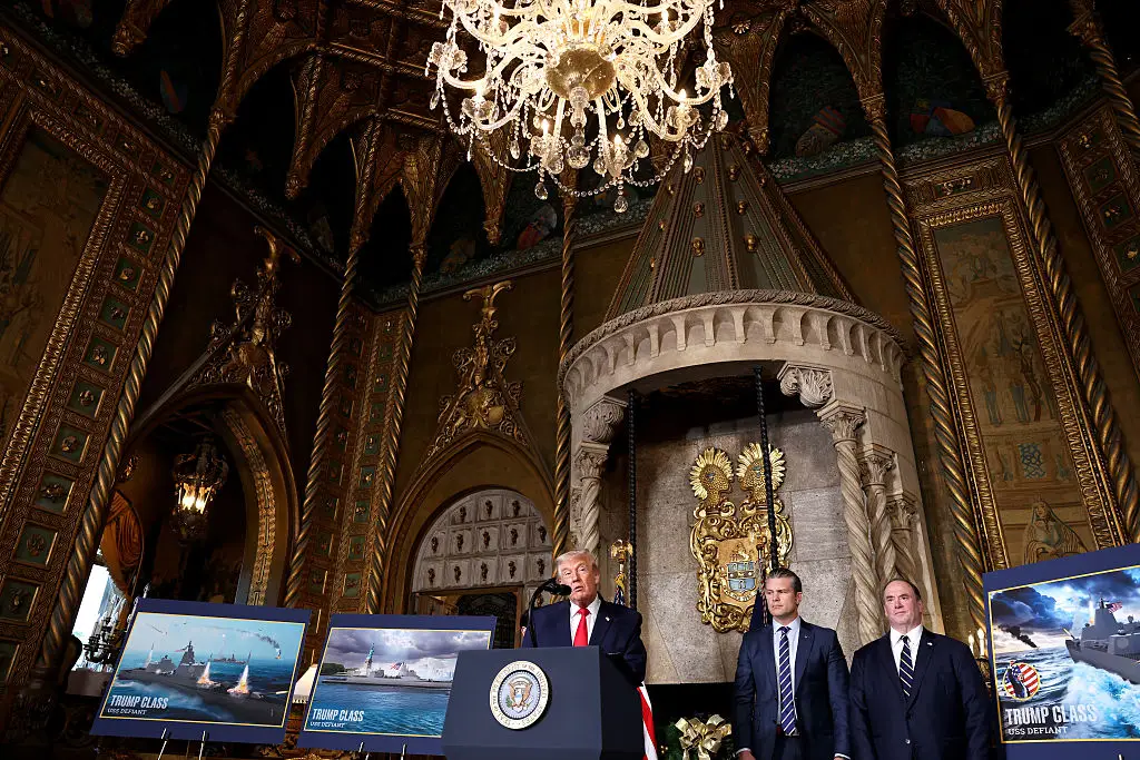 Donald Trump announces a Trump-class battleship at Mar-a-Lago.