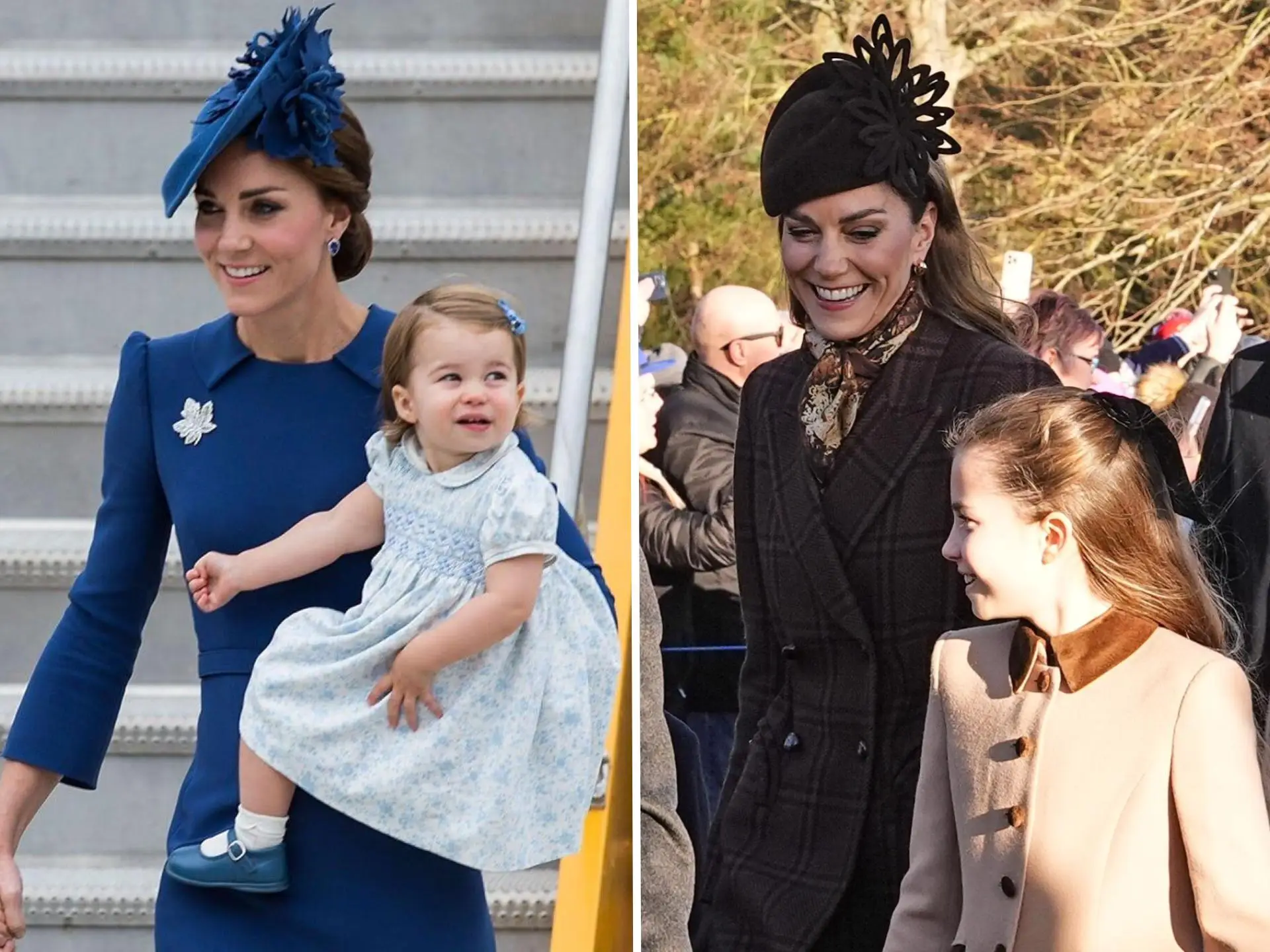 A side-by-side of Kate Middleton and Princess Charlotte. On the left, Charlotte is a baby, and on the right, she is about 10.