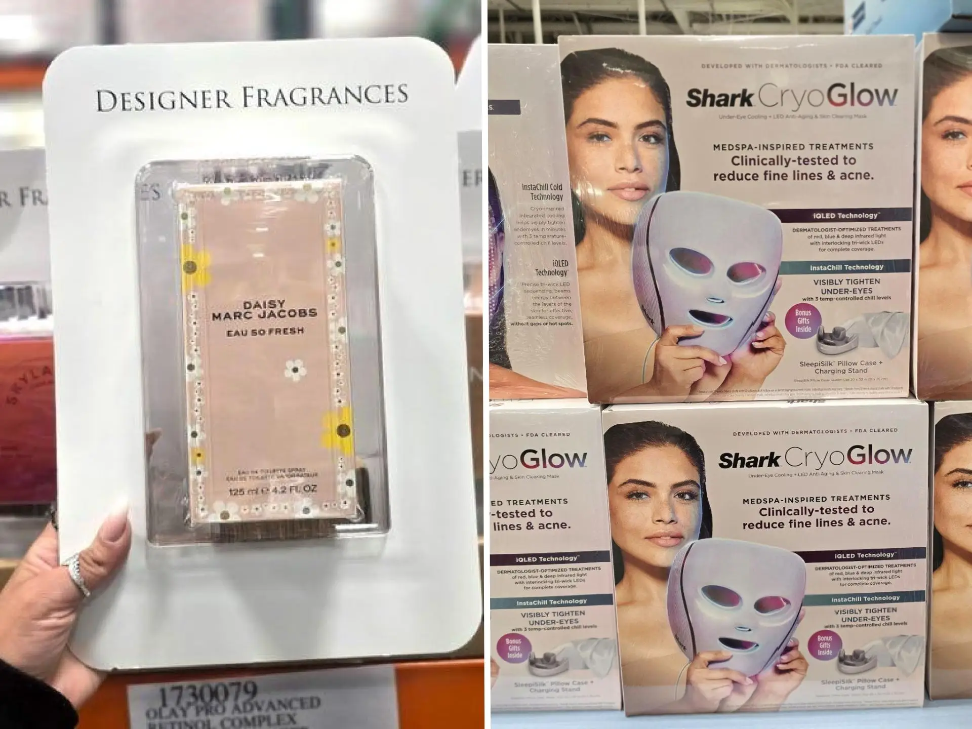 A composite image of a hand holding a box of 