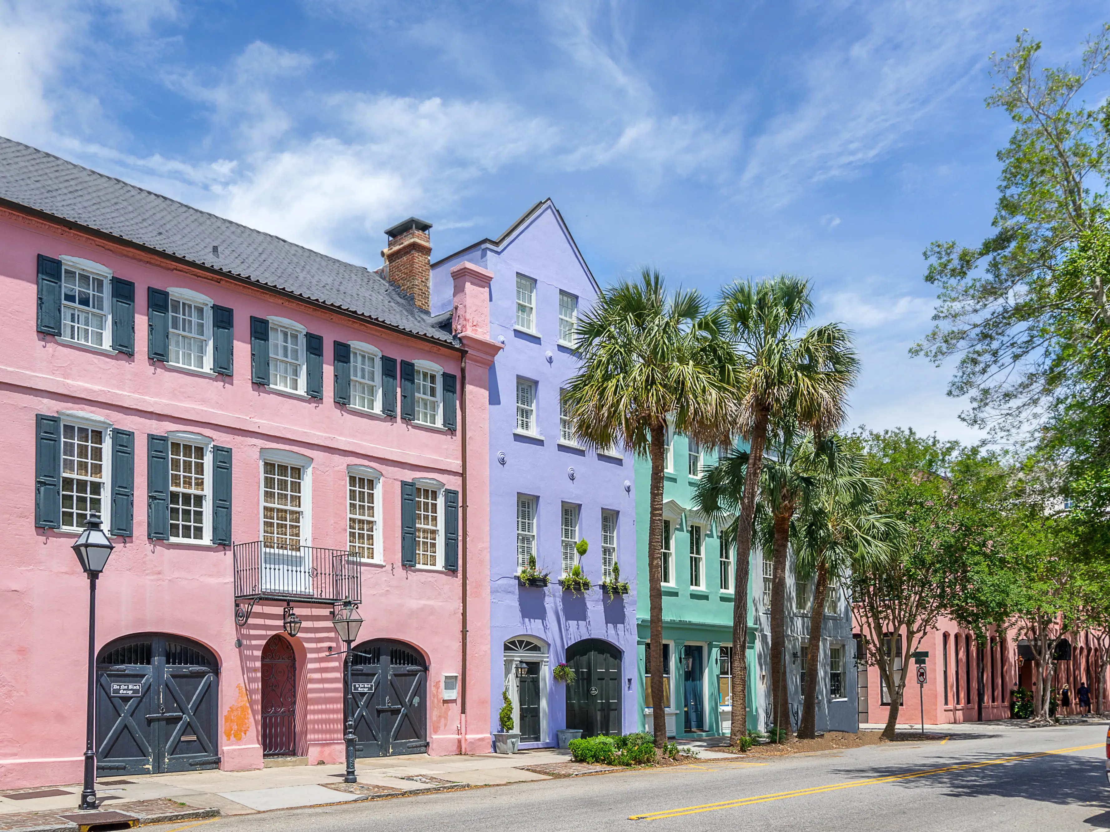 A row of pastel-colored houses in Charleston.